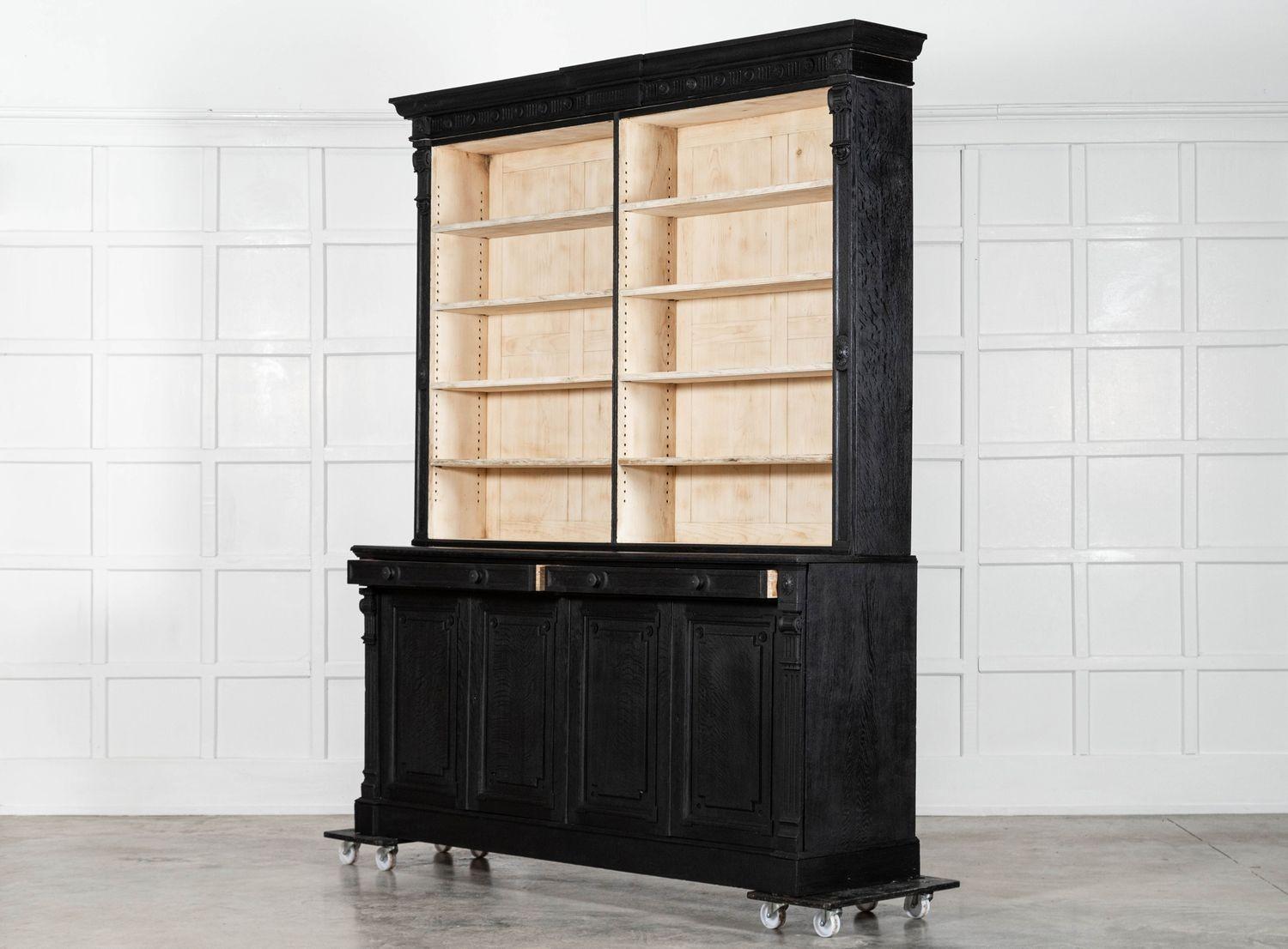 Pair Large 19thC English Ebonised & Bleached Carved Oak Bookcases For Sale 12