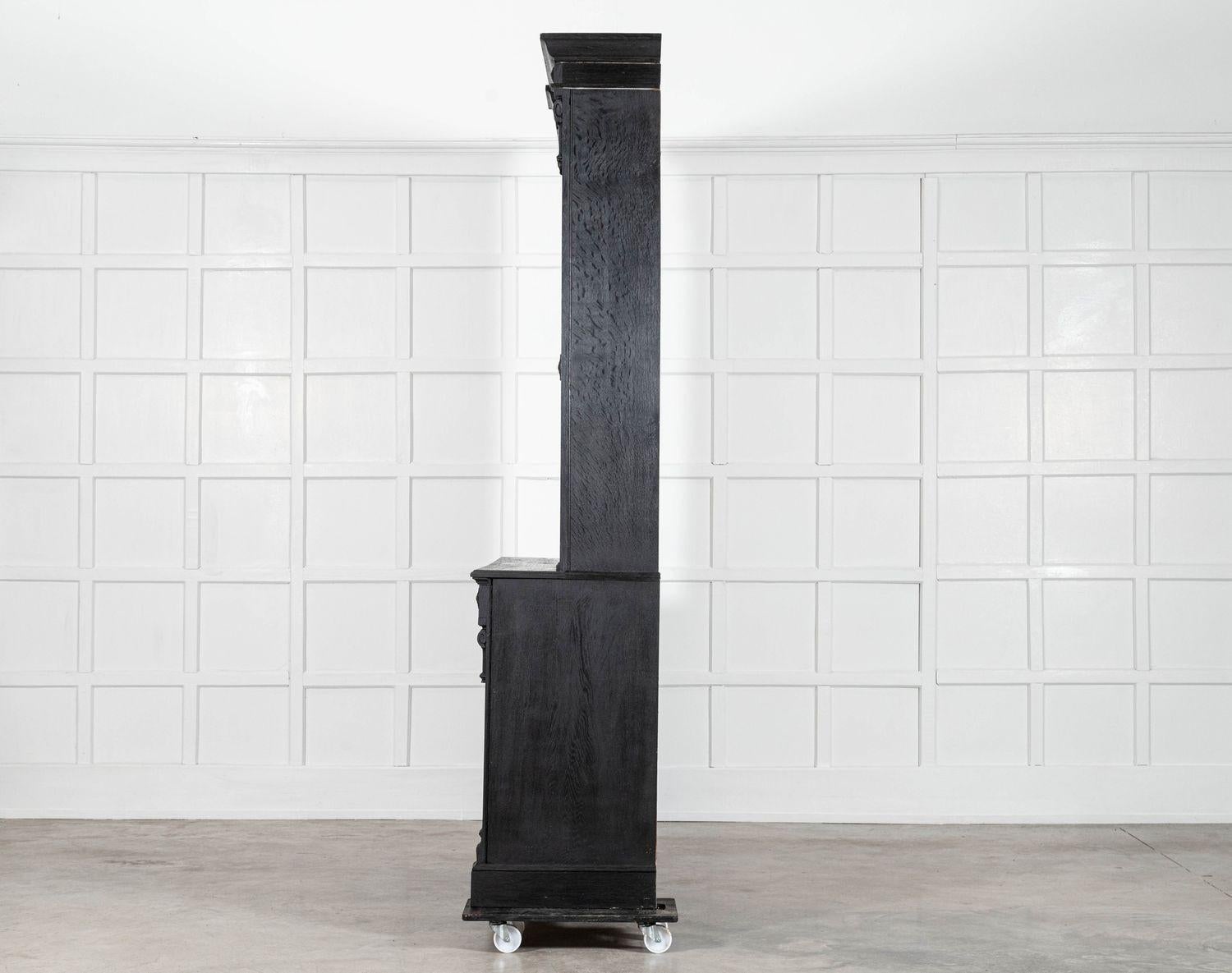 Pair Large 19thC English Ebonised & Bleached Carved Oak Bookcases For Sale 13