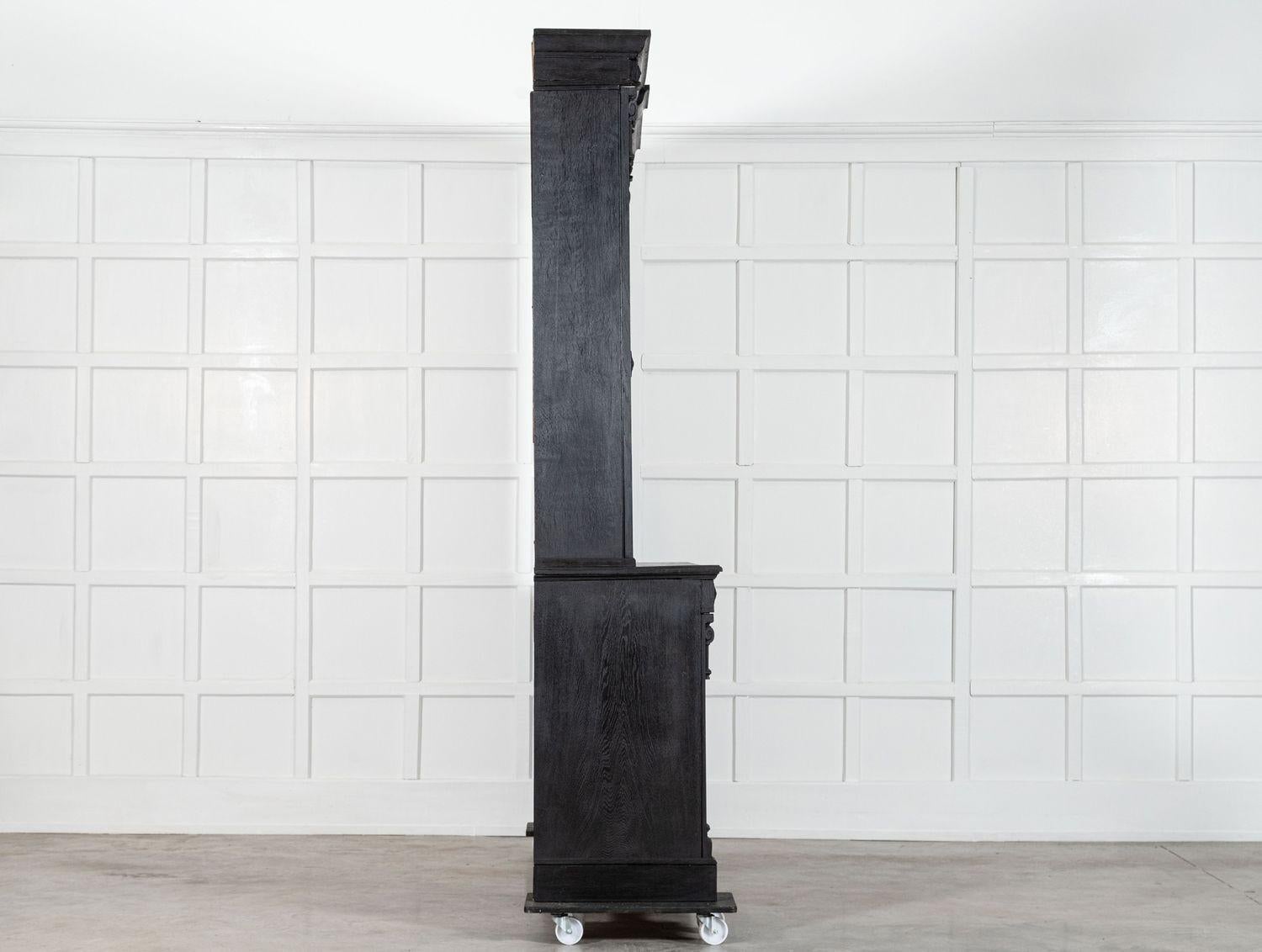 Pair Large 19thC English Ebonised & Bleached Carved Oak Bookcases For Sale 14