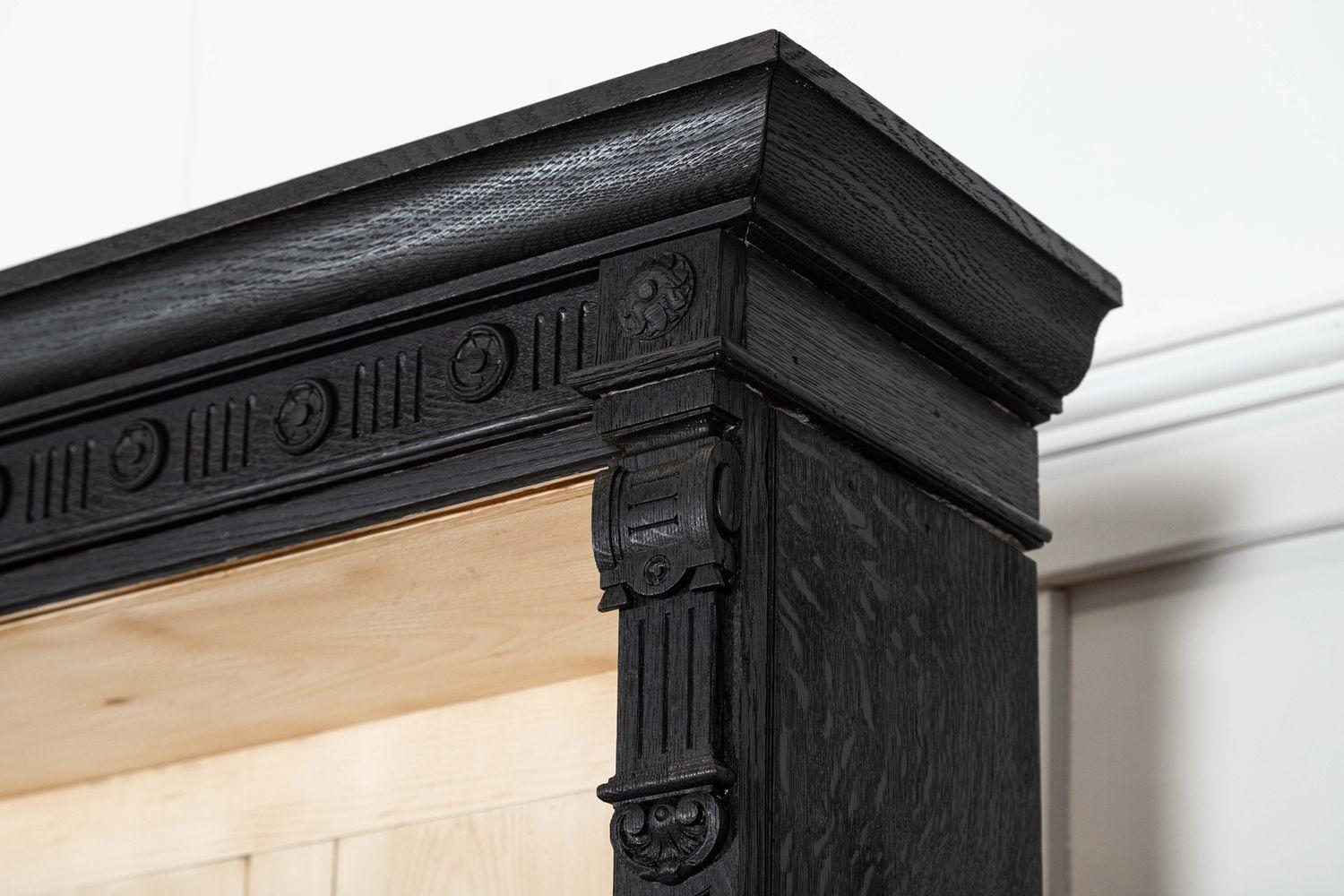 Pair Large 19thC English Ebonised & Bleached Carved Oak Bookcases For Sale 15