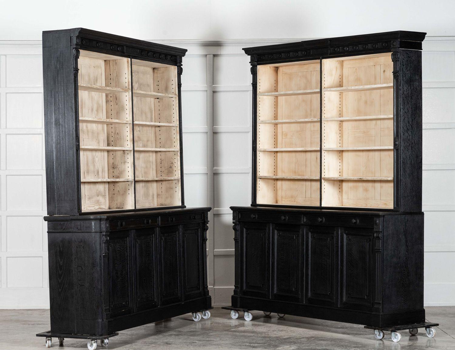 circa 1890
Pair Large 19thC English Ebonised & Bleached Carved Oak Bookcases
Price is each
sku 1499B
Left hand side cupboard
Together W189 x D51 x H237cm
Base W189 x D51 x H92cm
Top W198 x D32 x H145cm
Weight 184 kg
Internal shelf depths 24.5