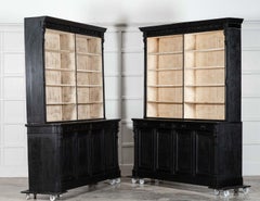 Pair Large 19thC English Ebonised & Bleached Carved Oak Bookcases