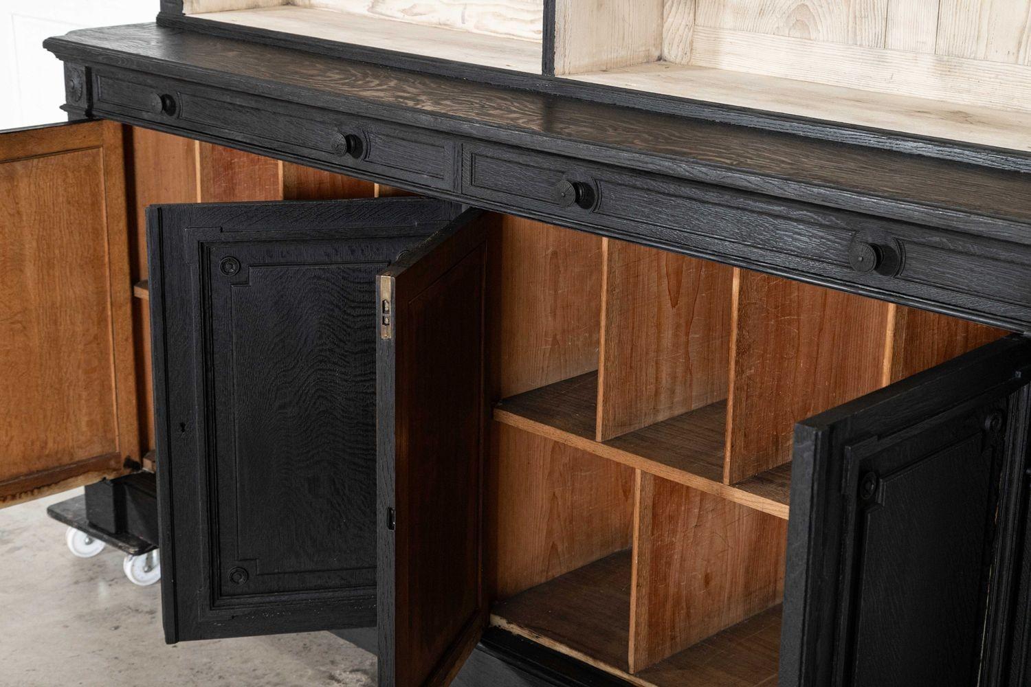 Pair Large 19thC English Ebonised & Bleached Carved Oak Bookcases For Sale 16