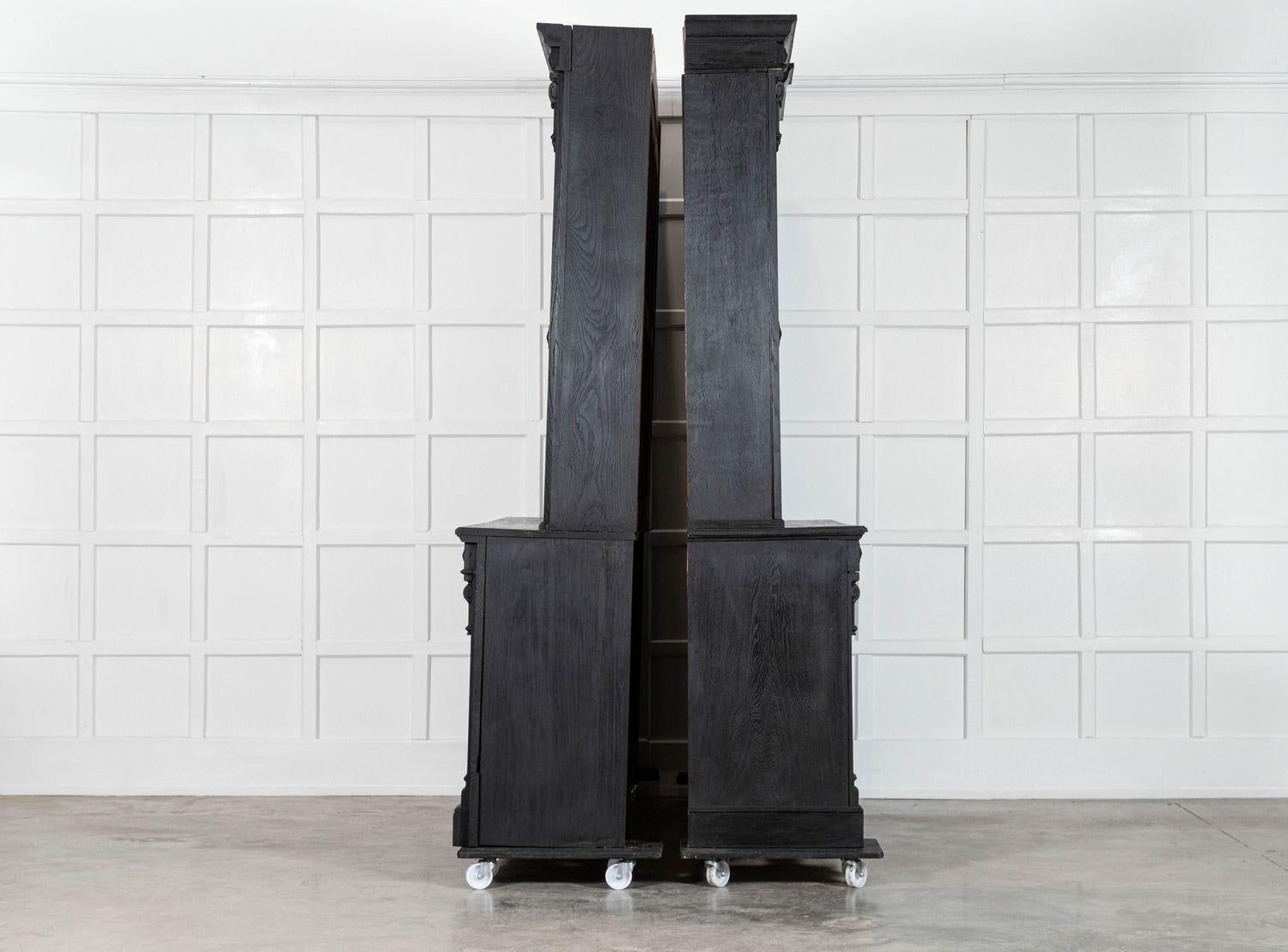 Pair Large 19thC English Ebonised & Bleached Carved Oak Bookcases In Good Condition For Sale In Staffordshire, GB