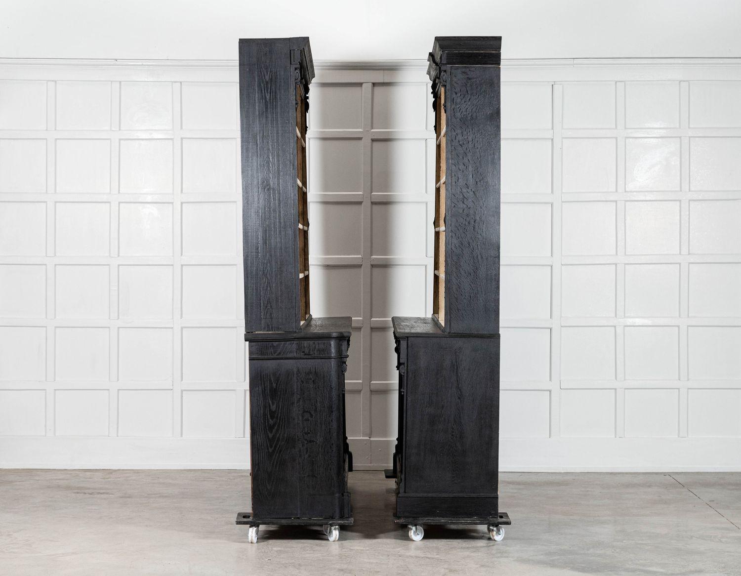 19th Century Pair Large 19thC English Ebonised & Bleached Carved Oak Bookcases For Sale