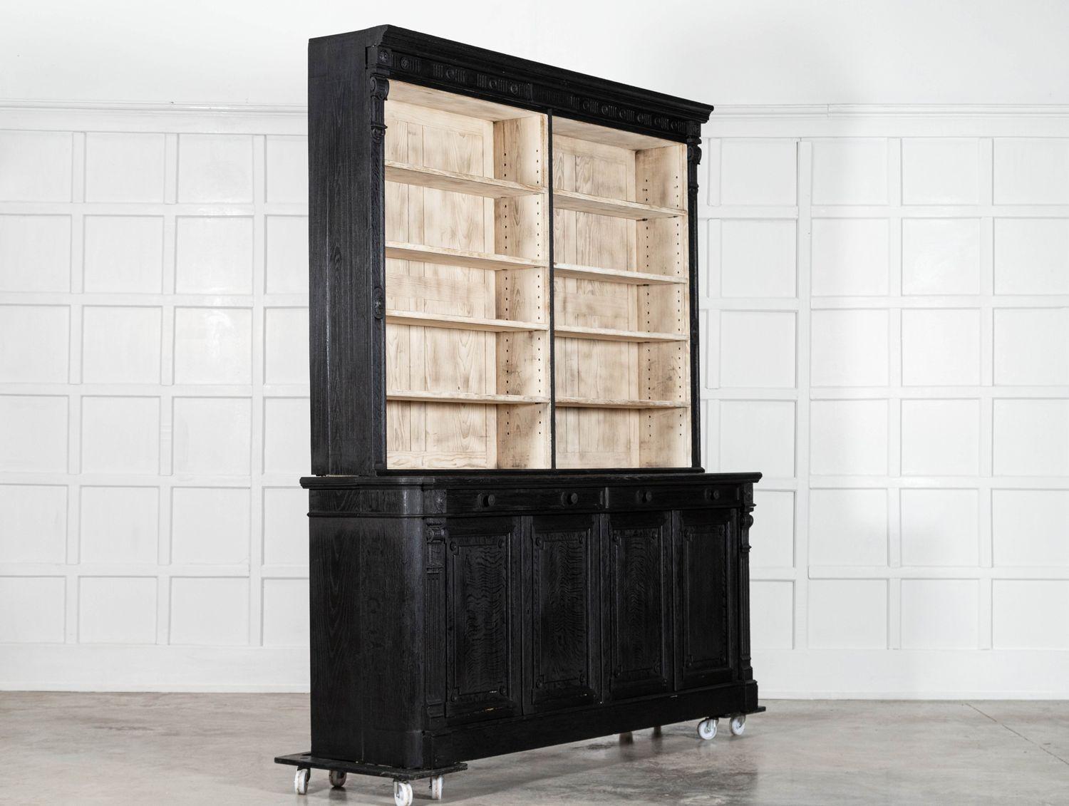 Pair Large 19thC English Ebonised & Bleached Carved Oak Bookcases For Sale 1