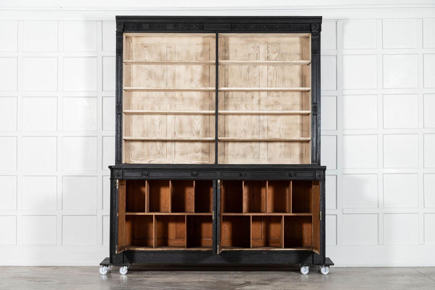 Pair Large 19thC English Ebonised & Bleached Carved Oak Bookcases For Sale 3