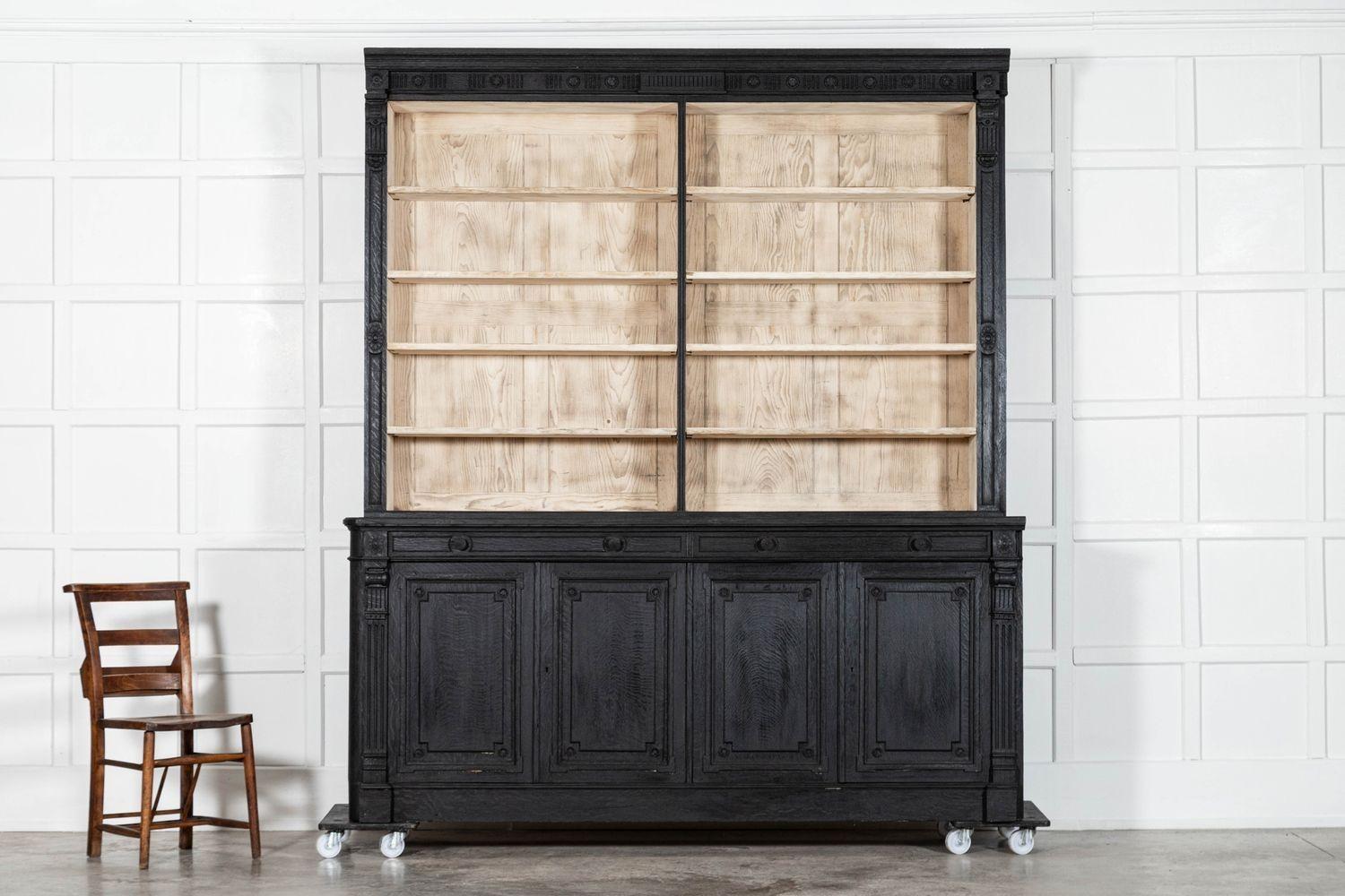 Pair Large 19thC English Ebonised & Bleached Carved Oak Bookcases For Sale 4