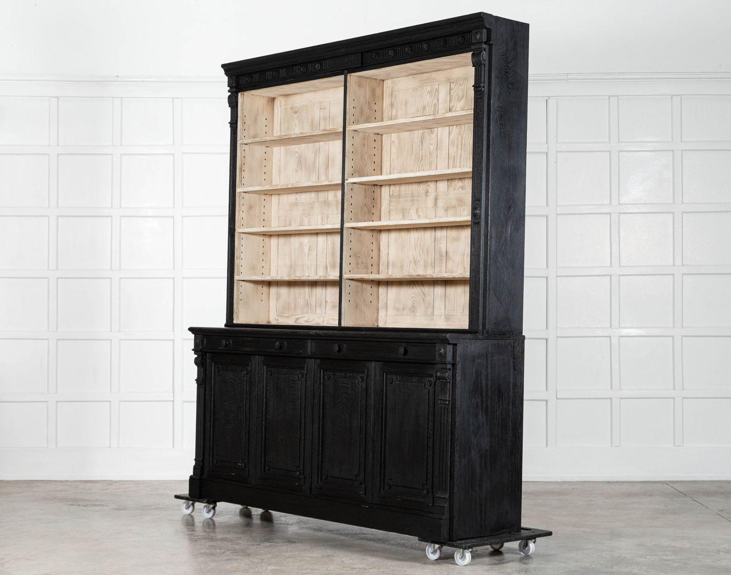 Pair Large 19thC English Ebonised & Bleached Carved Oak Bookcases For Sale 5
