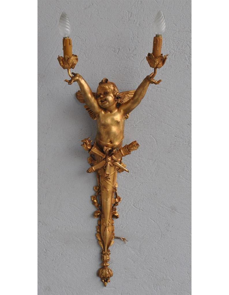 French Pair Large 2 Lights Sconces 1900 Art Nouveau Gilded Bronze with Baby For Sale