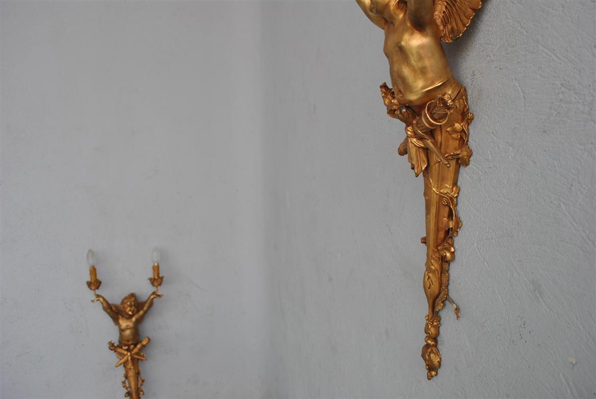 Early 20th Century Pair Large 2 Lights Sconces 1900 Art Nouveau Gilded Bronze with Baby For Sale