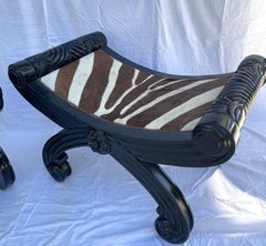 Pair Large Anglo Indian  Black Lacquer Stools/Ottoman in Zebra Skin & Nail Heads