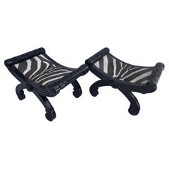 Pair Large Anglo Indian  Black Lacquer Stools/Ottoman in Zebra Skin & Nail Heads