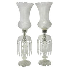 Pair Large Antique 19th Century Bohemian Glass Lusters with Hurricane Shades