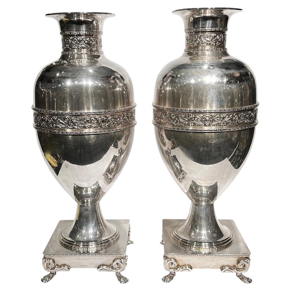 Pair Large Antique 19th Century English Silver Plate Vases in Neoclassical Style