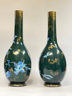 Pair Large Antique Aesthetic Gilt and Floral Painted Glazed Ceramic Vases