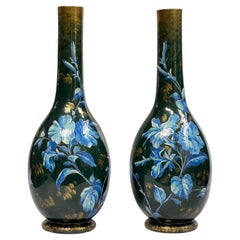 Pair Large Antique Aesthetic Gilt and Floral Painted Glazed Ceramic Vases