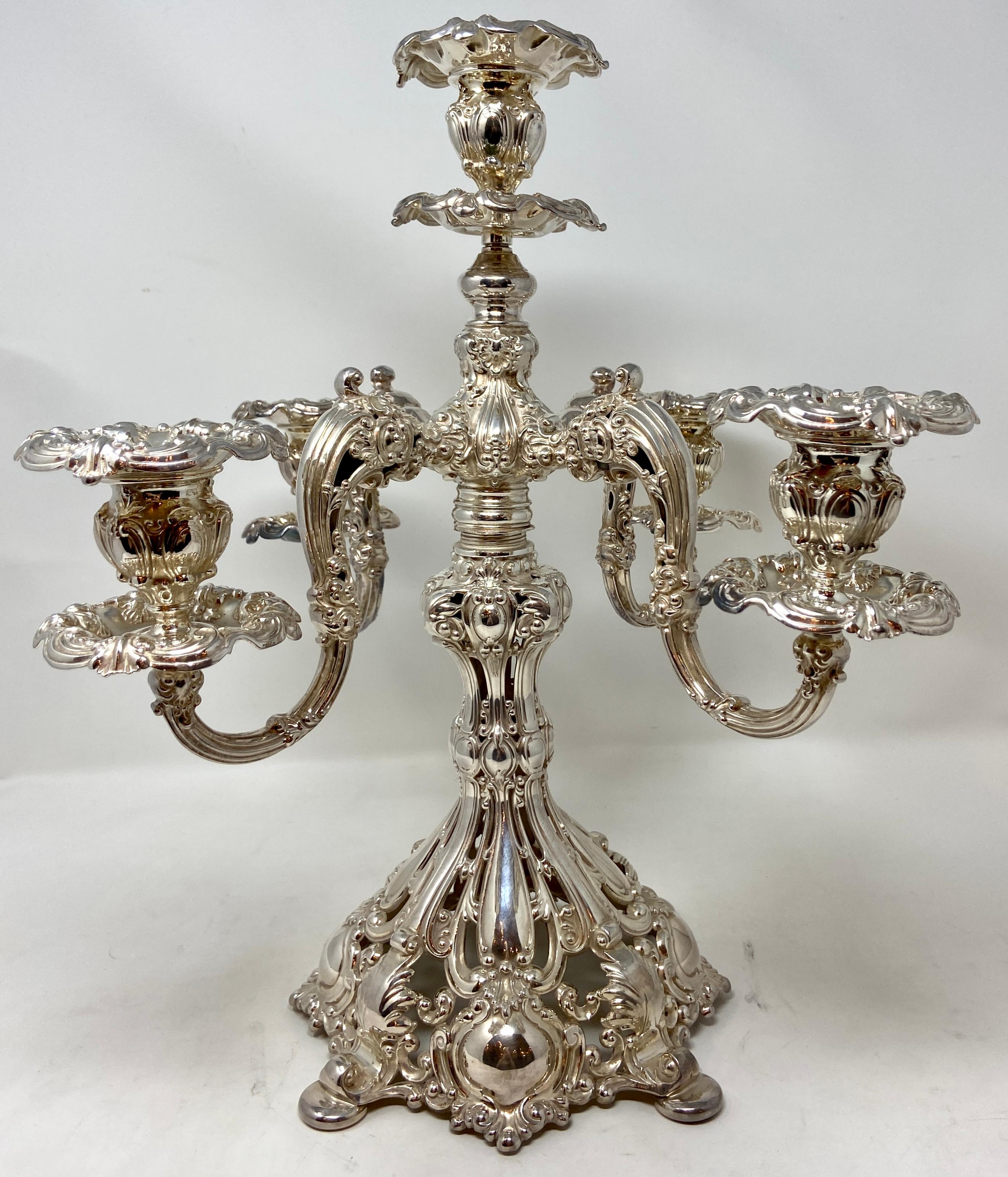 Pair of substantial antique American Rococo style silver-plated 5 cup candelabra with magnificently intricate detail, Circa 1890's.