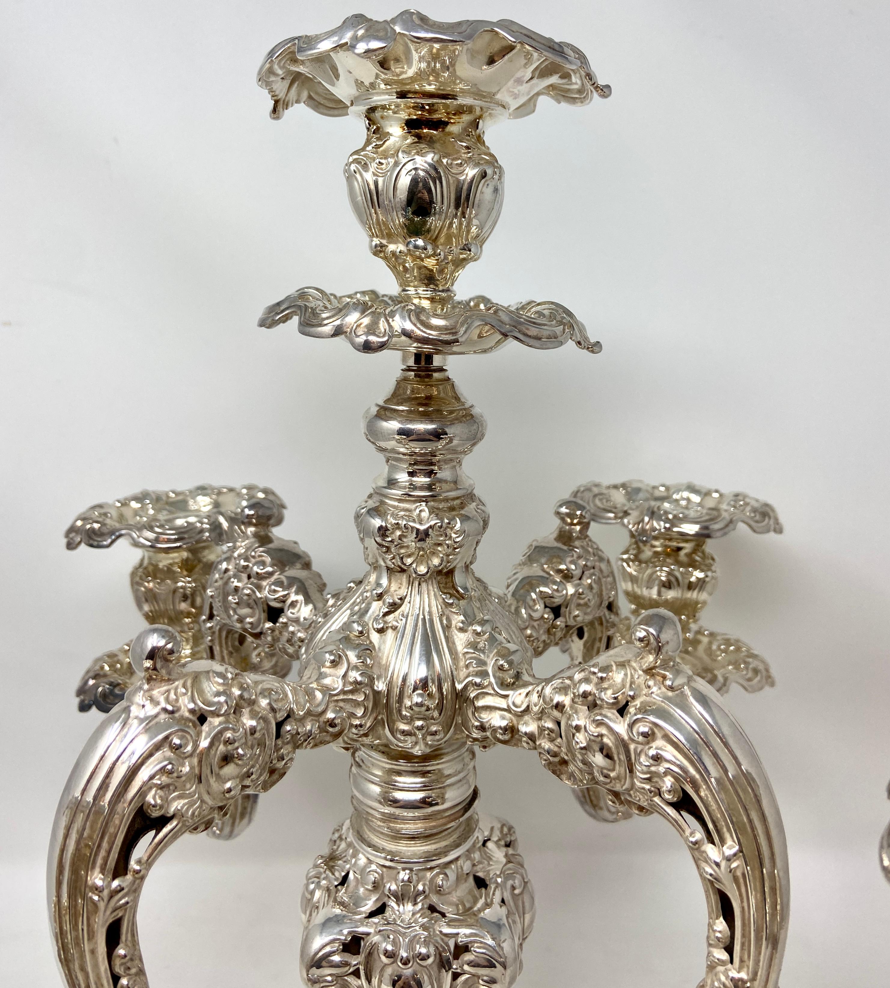 North American Pair Large Antique American Rococo Style Silver-Plated 5 Cup Candelabra, Ca 1890