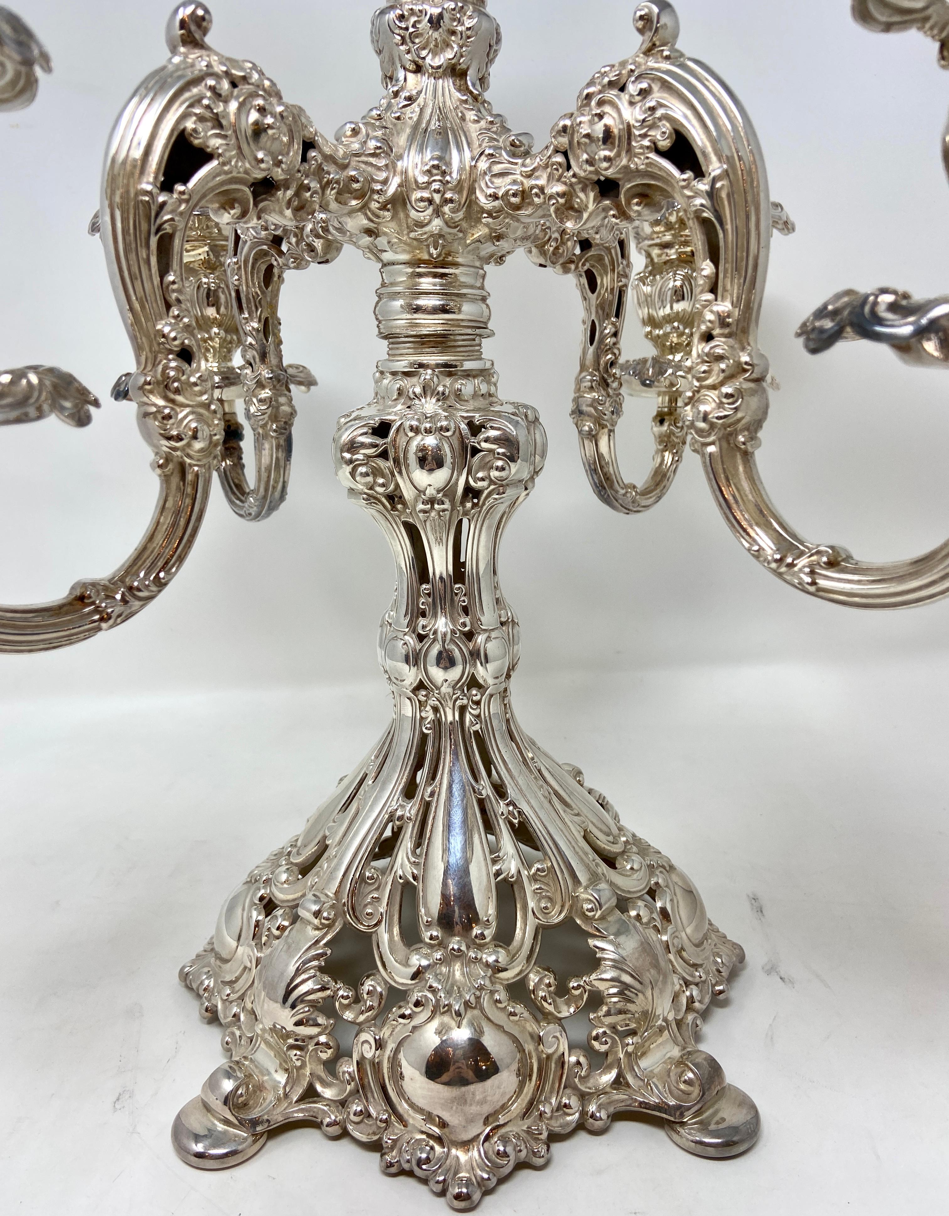 Pair Large Antique American Rococo Style Silver-Plated 5 Cup Candelabra, Ca 1890 In Good Condition In New Orleans, LA