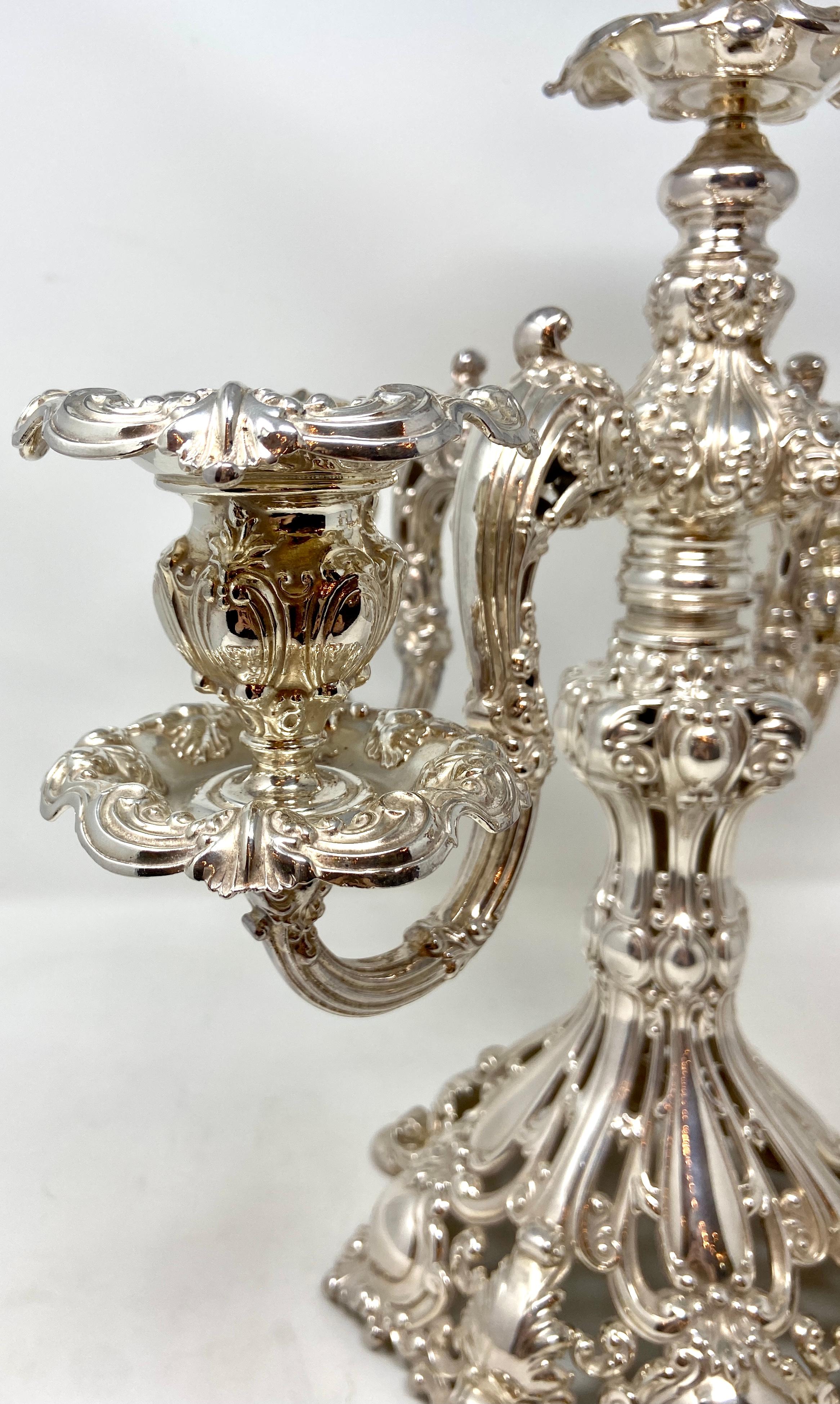 19th Century Pair Large Antique American Rococo Style Silver-Plated 5 Cup Candelabra, Ca 1890
