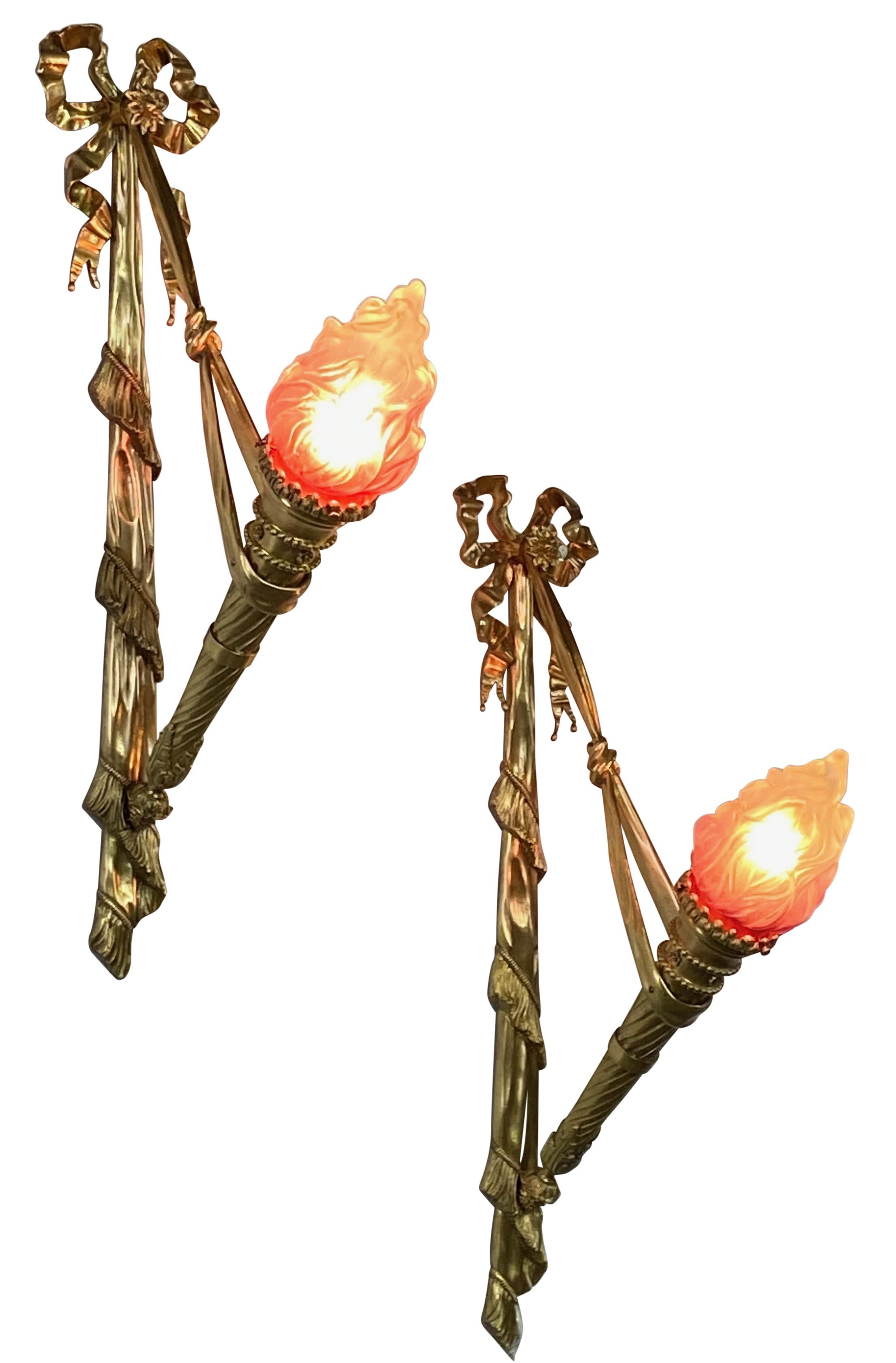 Pair Large Antique Beaux Arts Brass Torch Wall Sconces, French Circa 1900 In Good Condition For Sale In San Francisco, CA