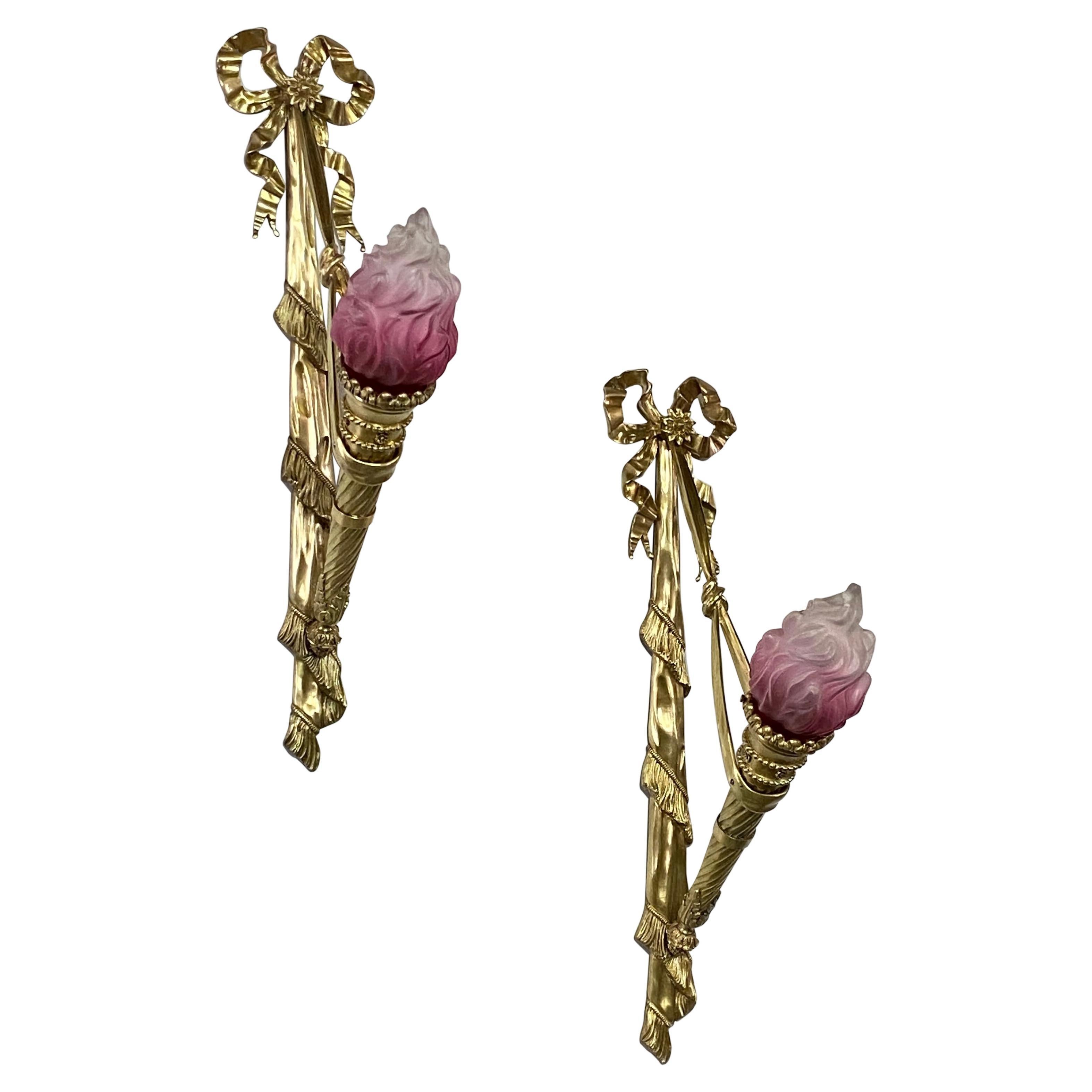 Pair Large Antique Beaux Arts Brass Torch Wall Sconces, French Circa 1900 For Sale