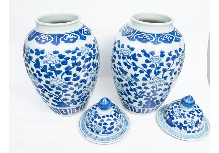 Pair Large Antique Blue and White Porcelain Ginger Jars from John