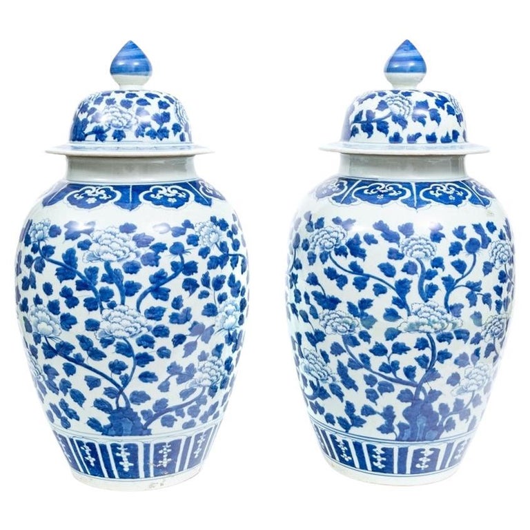 Pair Large Antique Blue and White Porcelain Ginger Jars from John
