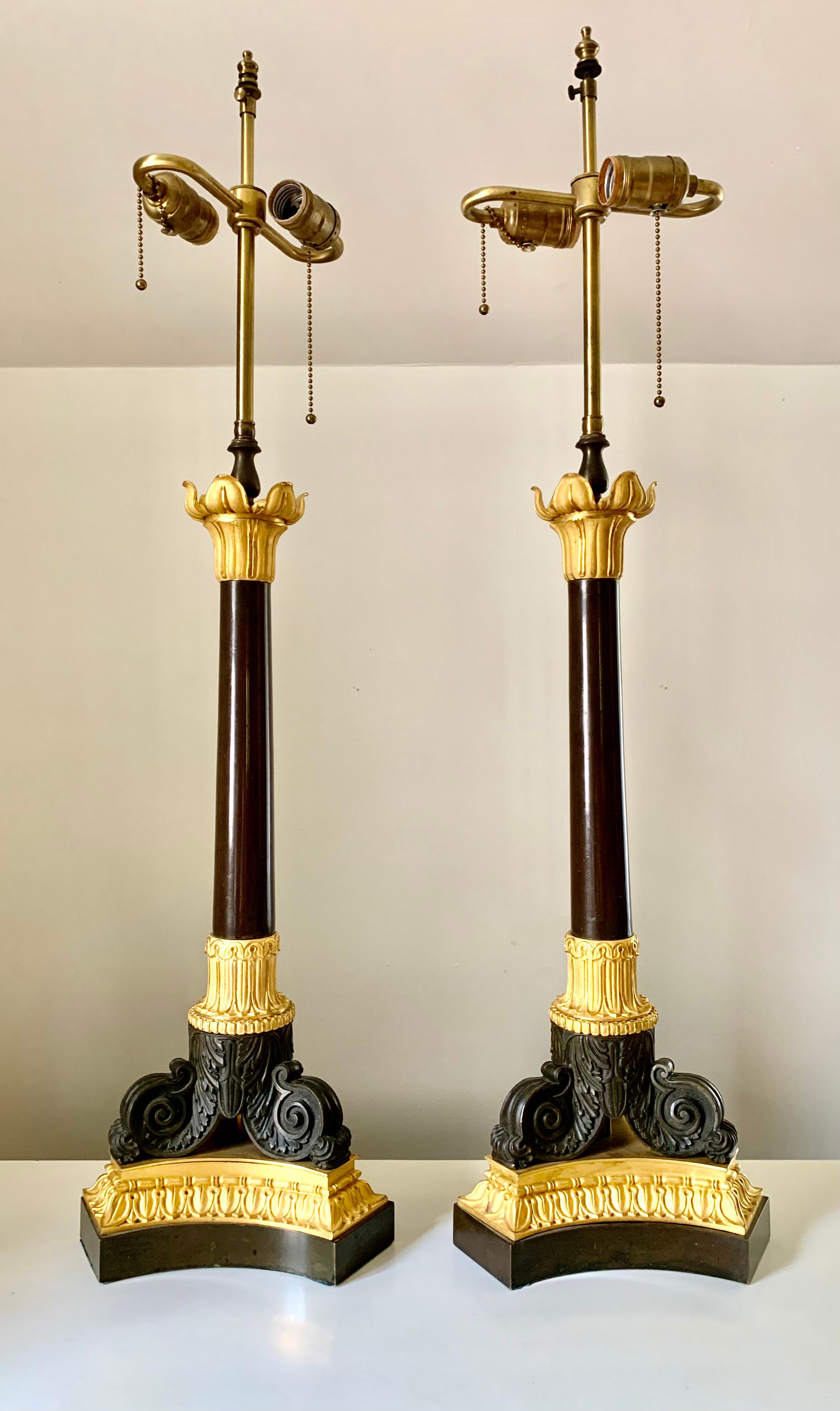 French Pair Large Antique Charles X Period Gilt Patinated Bronze Column Lamps, 1830's