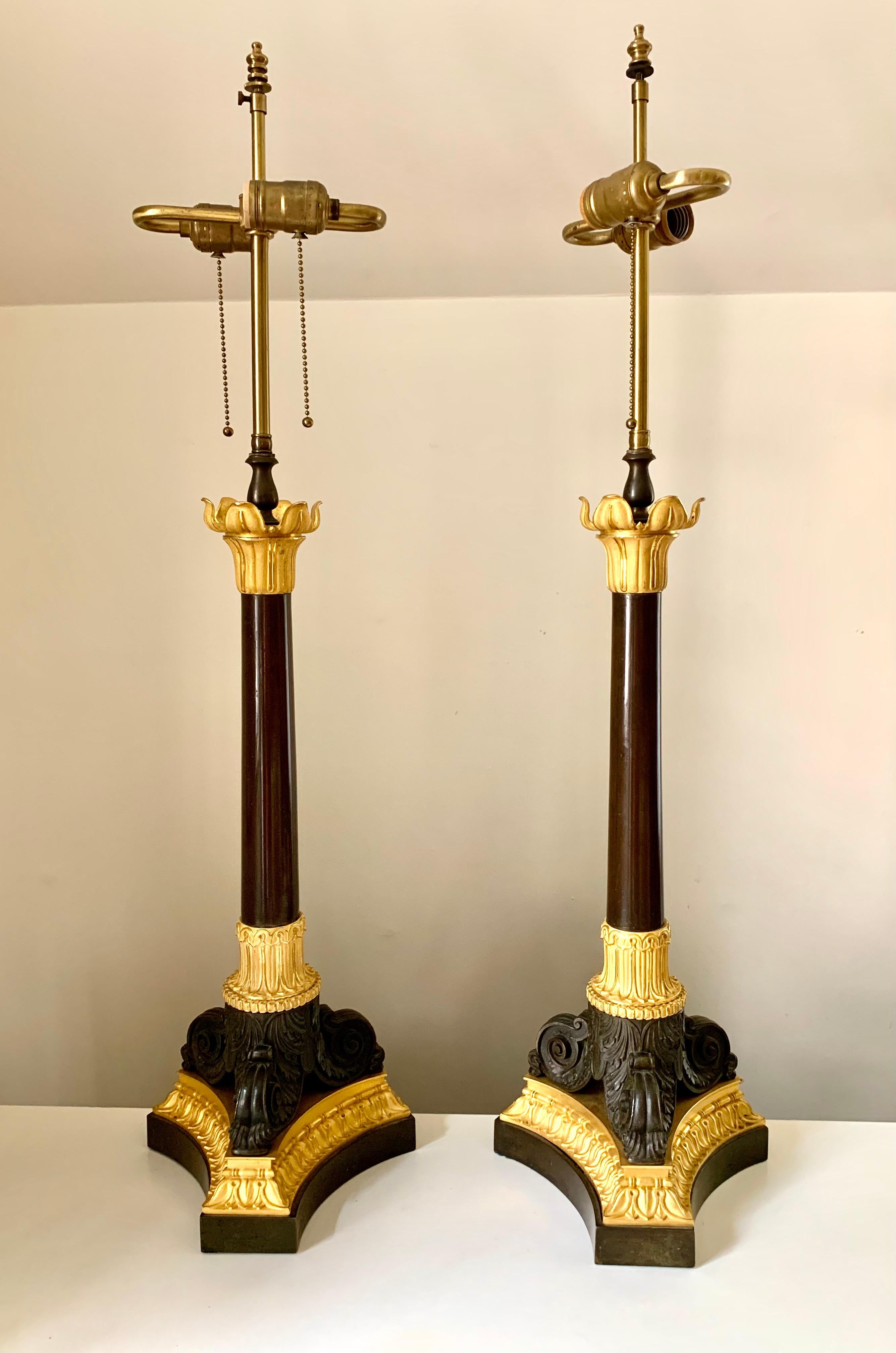 19th Century Pair Large Antique Charles X Period Gilt Patinated Bronze Column Lamps, 1830's