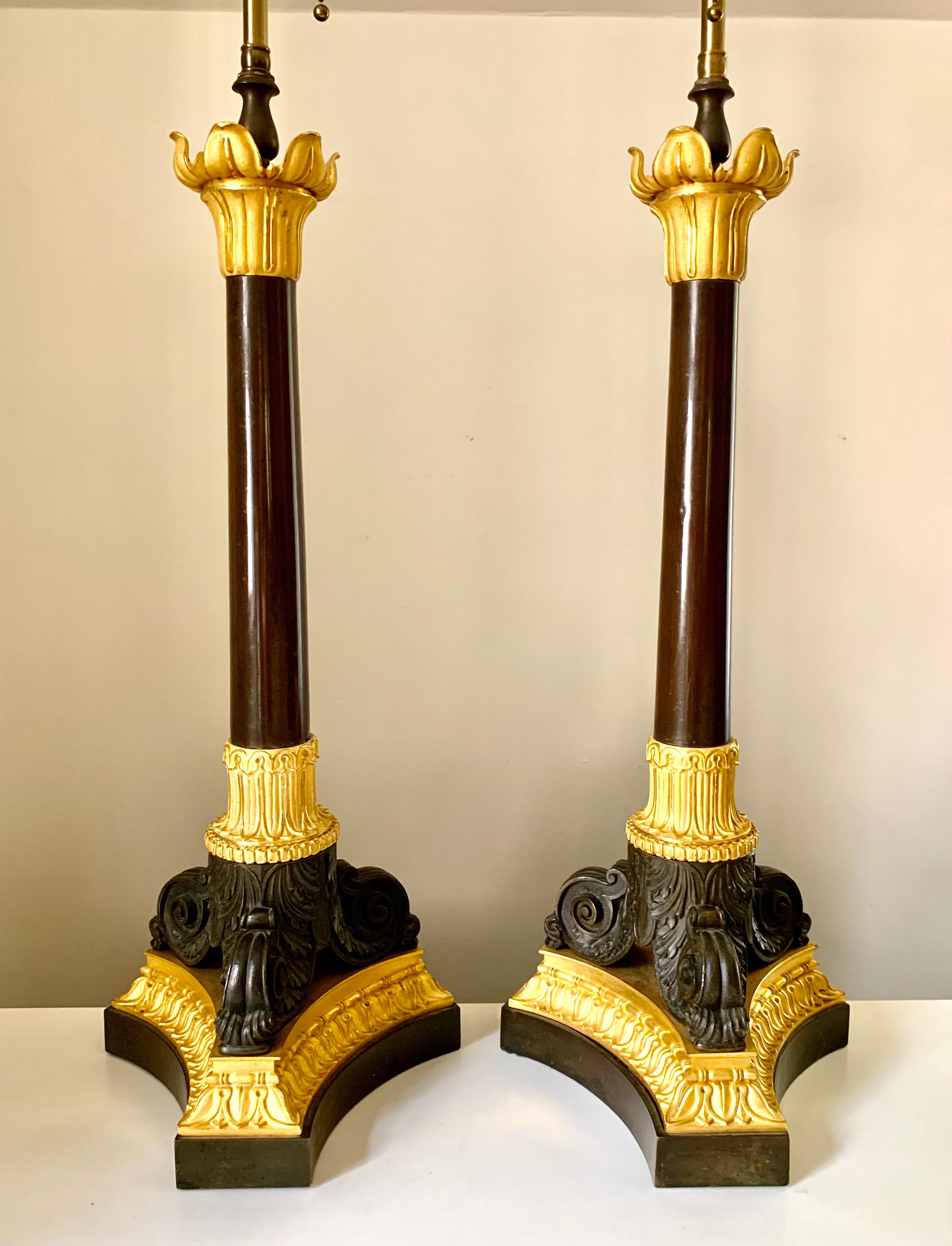 Pair Large Antique Charles X Period Gilt Patinated Bronze Column Lamps, 1830's 2