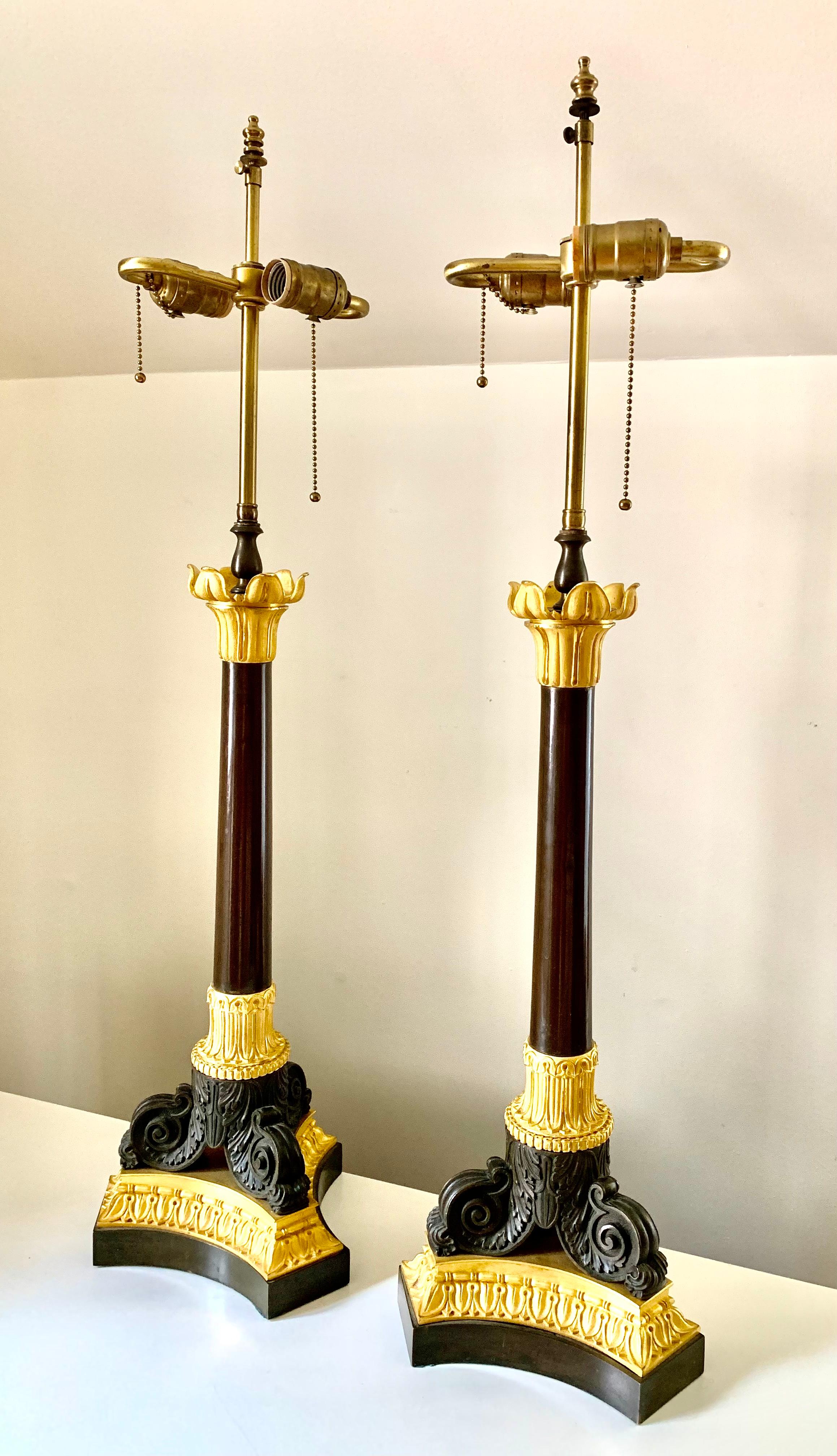 Pair Large Antique Charles X Period Gilt Patinated Bronze Column Lamps, 1830's 3