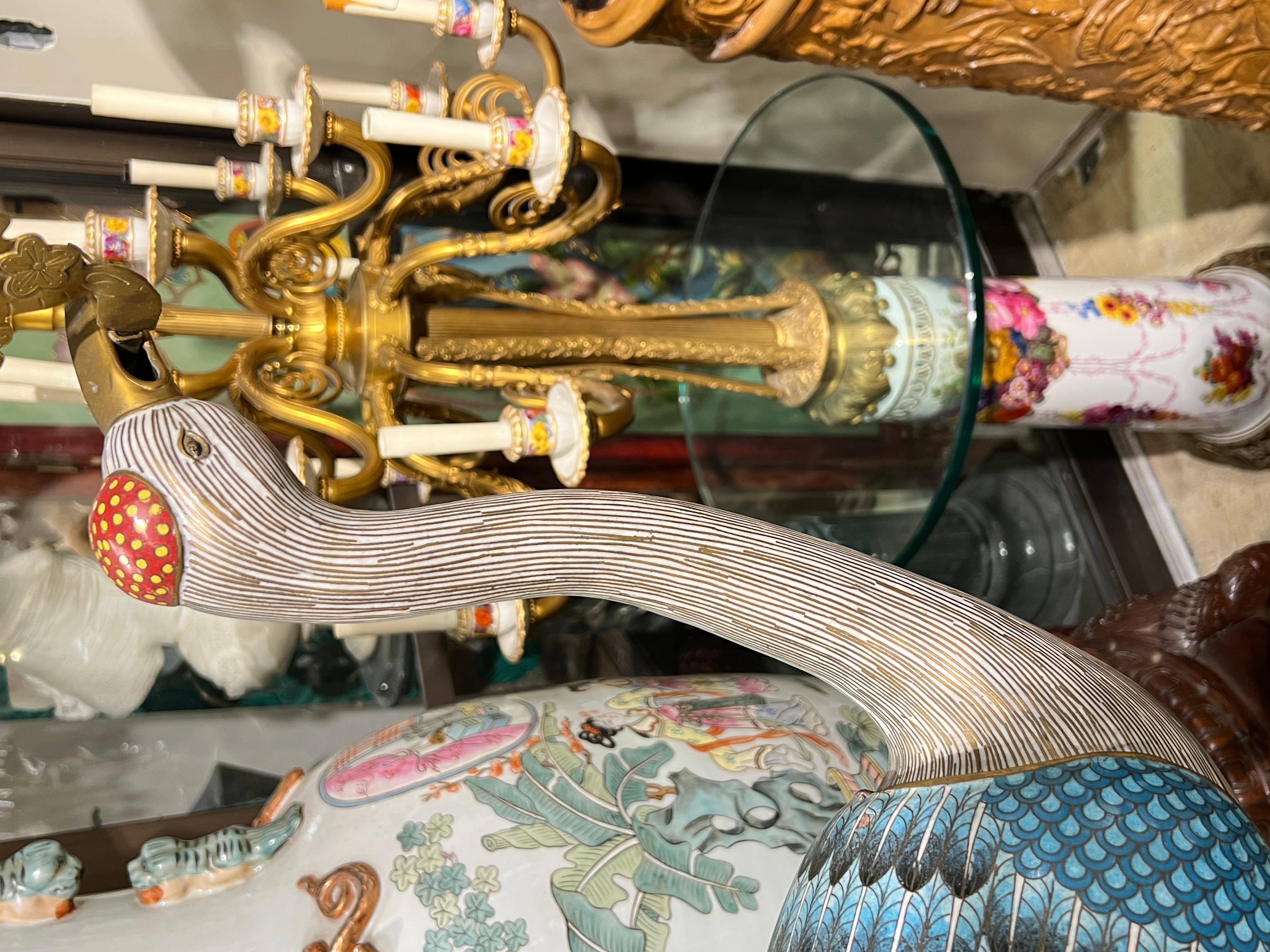 Pair Large Antique Chinese Cloisonne Crane Candle Holders For Sale 6