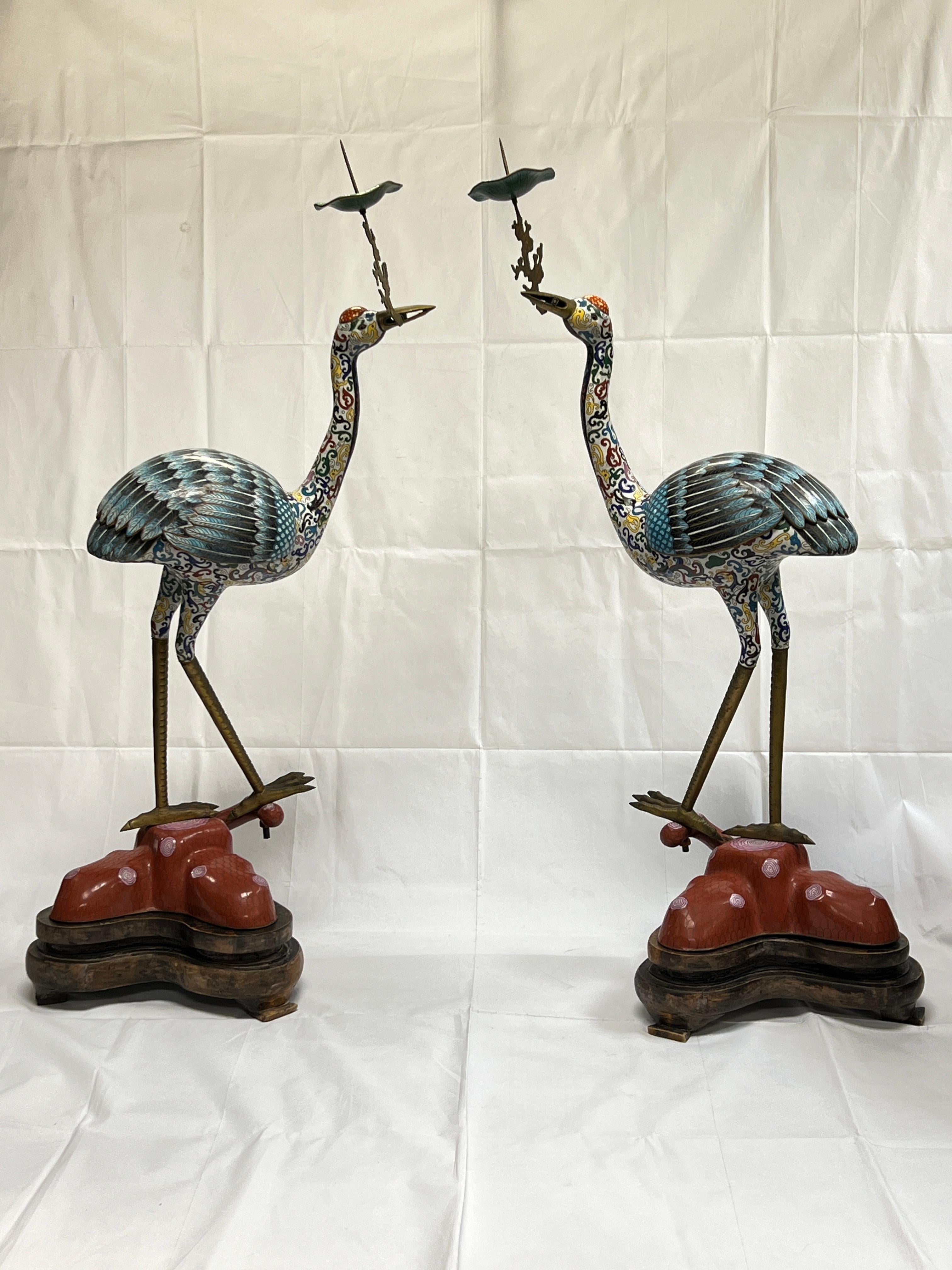 Cloissoné Pair Large Antique Chinese Cloisonne Crane Candle Holders For Sale