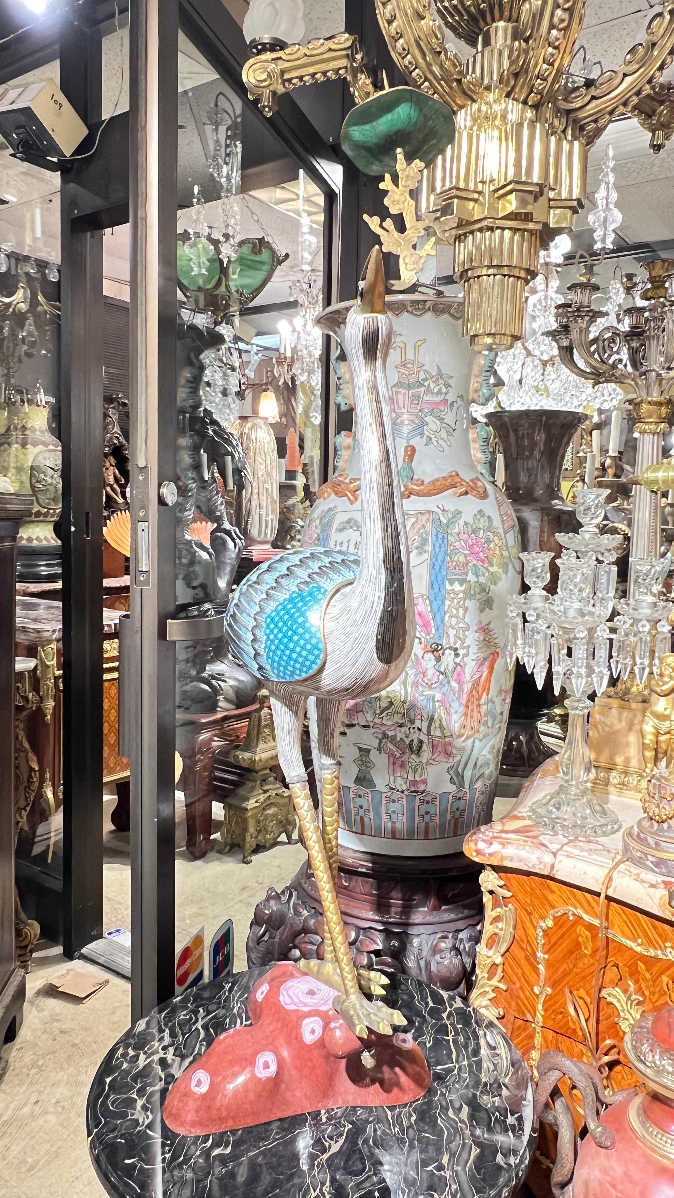 Cloissoné Pair Large Antique Chinese Cloisonne Crane Candle Holders For Sale