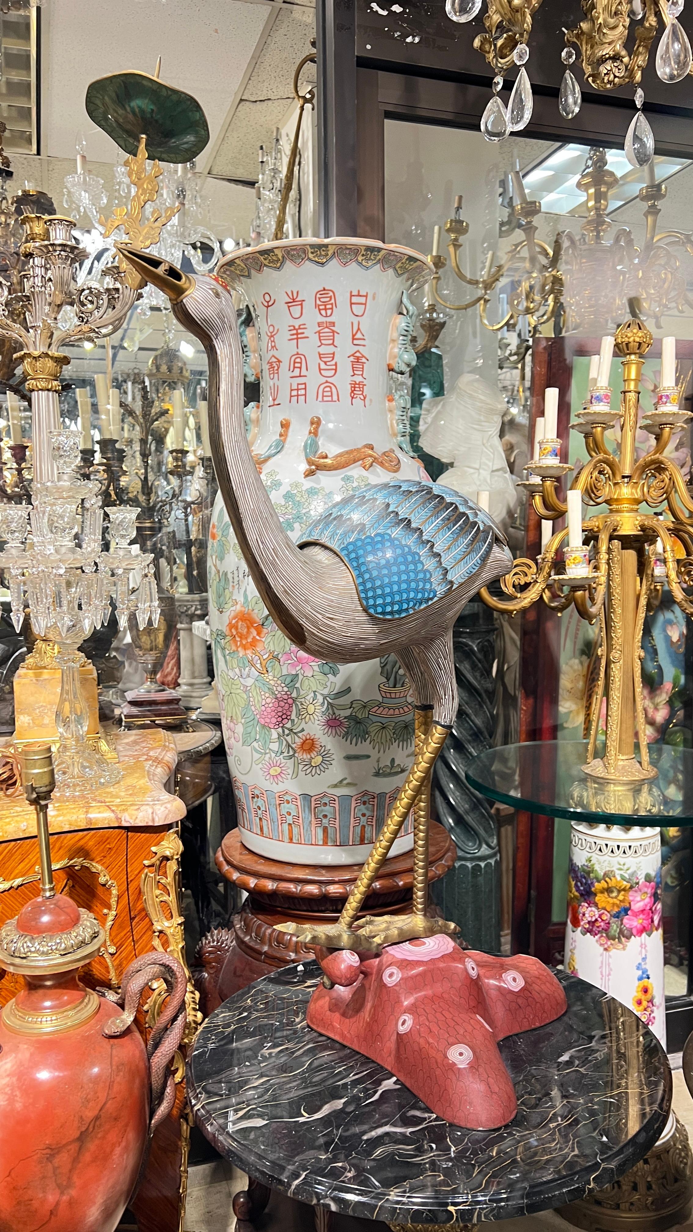 Pair Large Antique Chinese Cloisonne Crane Candle Holders In Good Condition For Sale In New York, NY