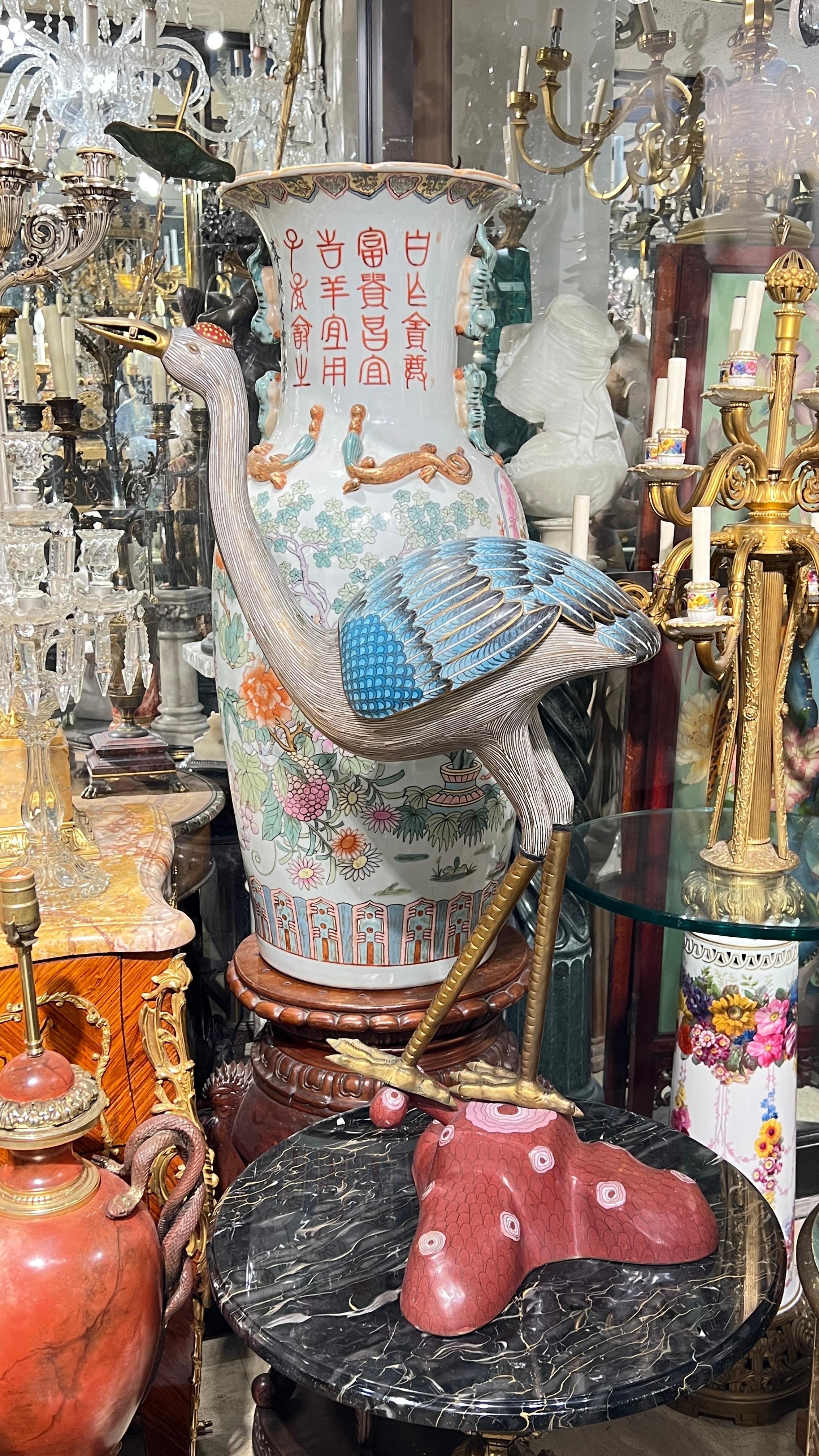 20th Century Pair Large Antique Chinese Cloisonne Crane Candle Holders For Sale