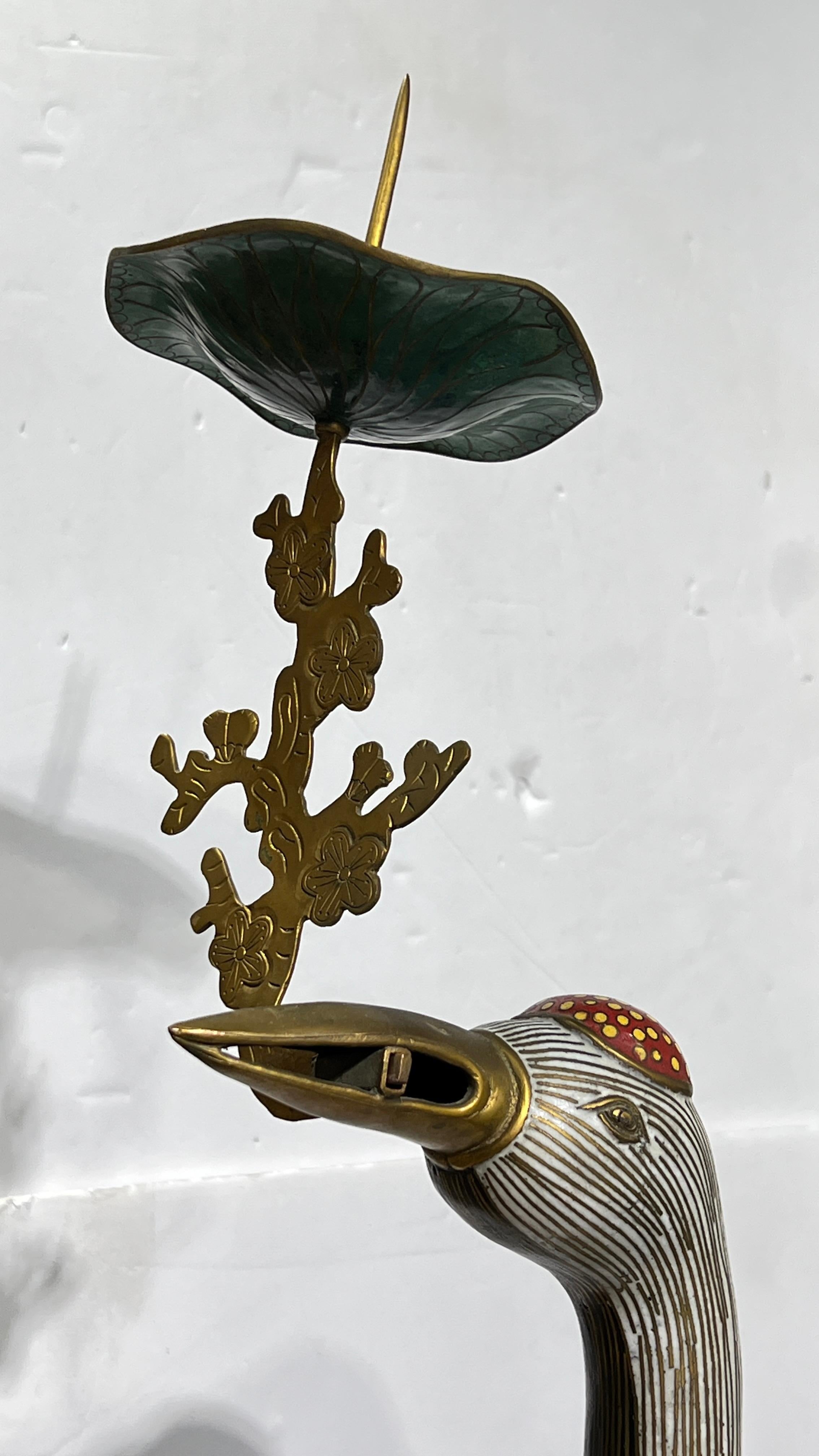 Metal Pair Large Antique Chinese Cloisonne Crane Candle Holders For Sale