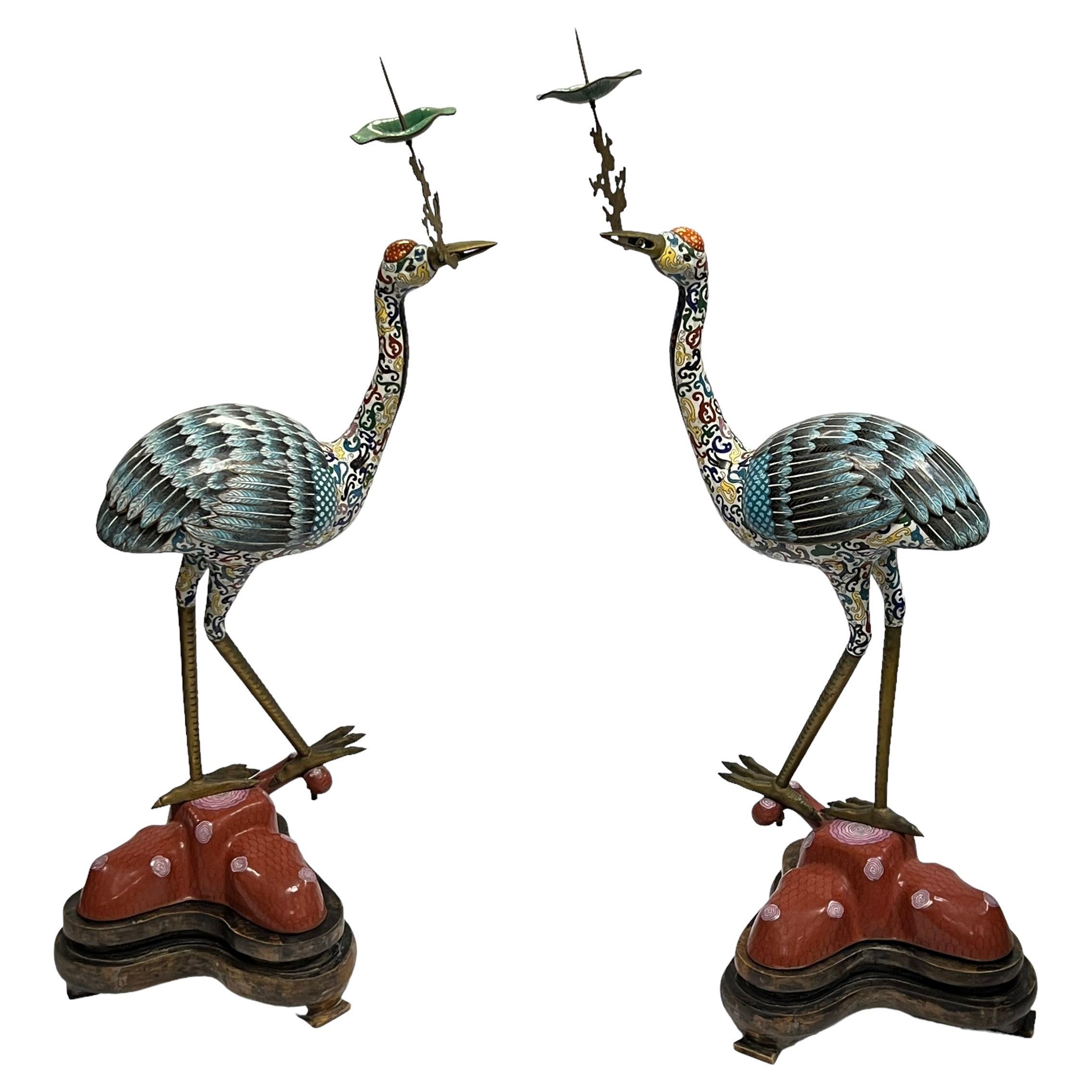 Pair Large Antique Chinese Cloisonne Crane Candle Holders For Sale