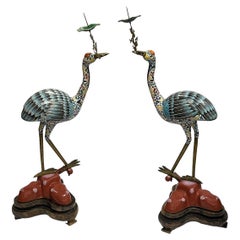 Pair Large Antique Chinese Cloisonne Crane Candle Holders