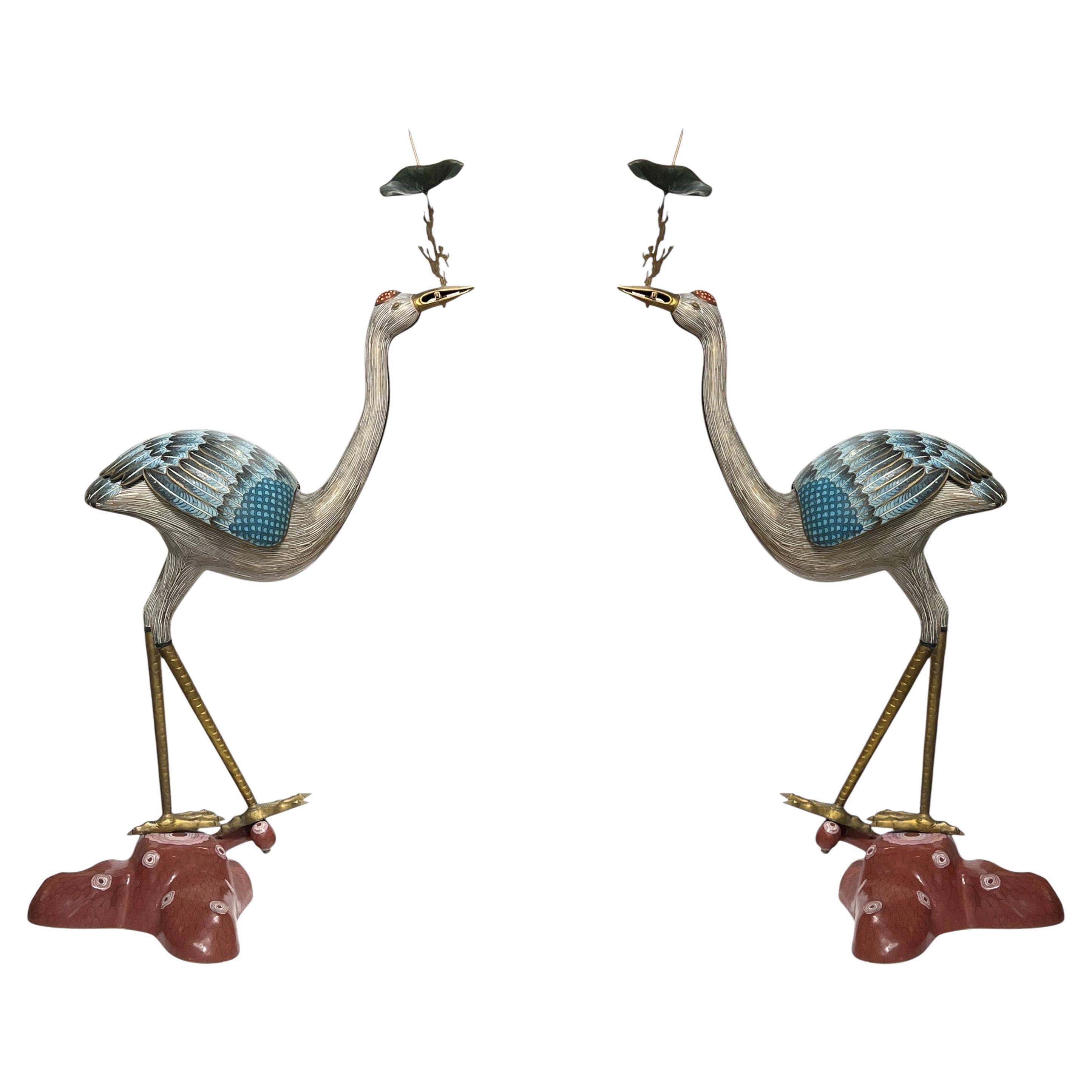 Pair Large Antique Chinese Cloisonne Crane Candle Holders