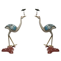 Pair Large Antique Chinese Cloisonne Crane Candle Holders