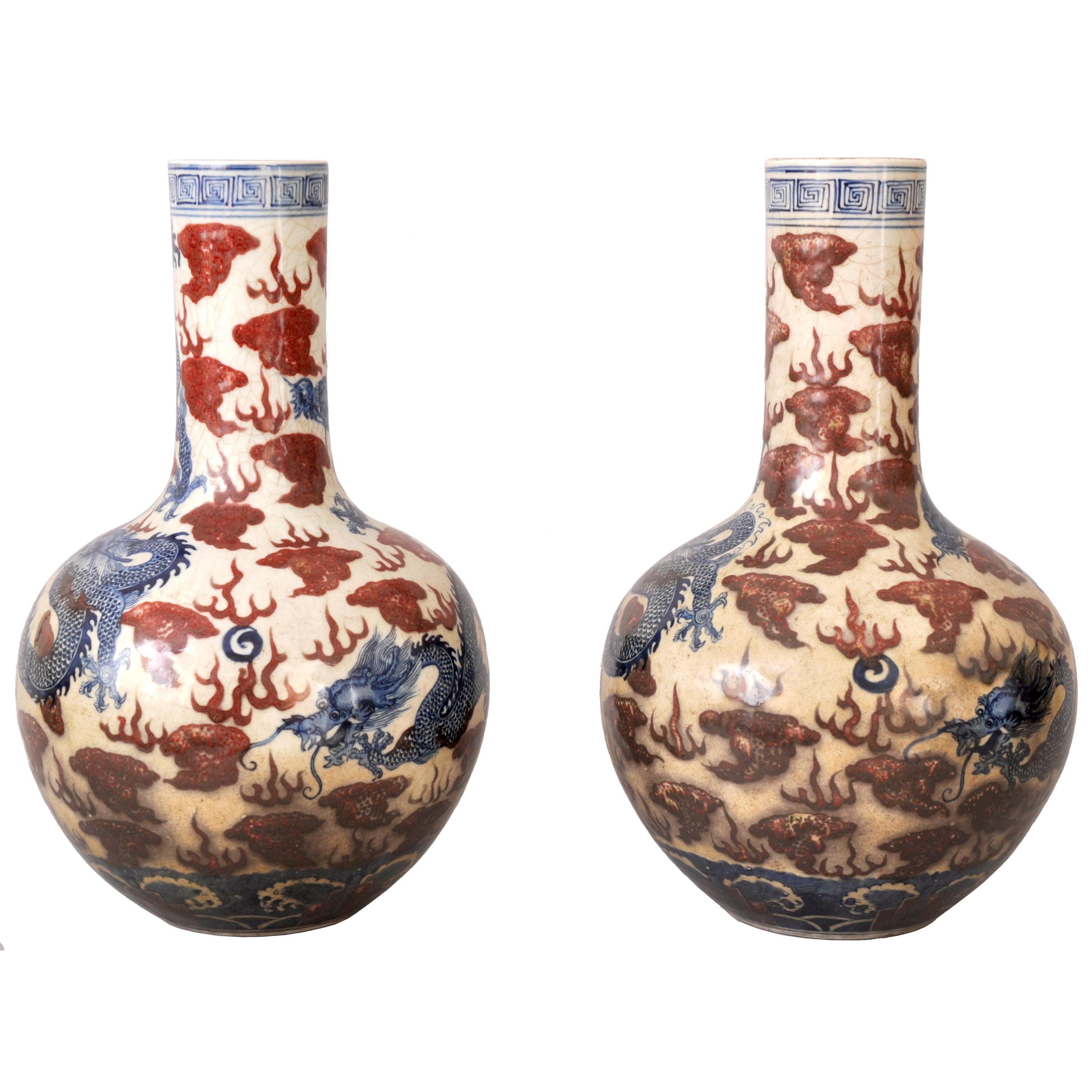 Chinese Export Pair Large Antique Chinese Qing Dynasty Porcelain Blue & White Dragon Vases 1880