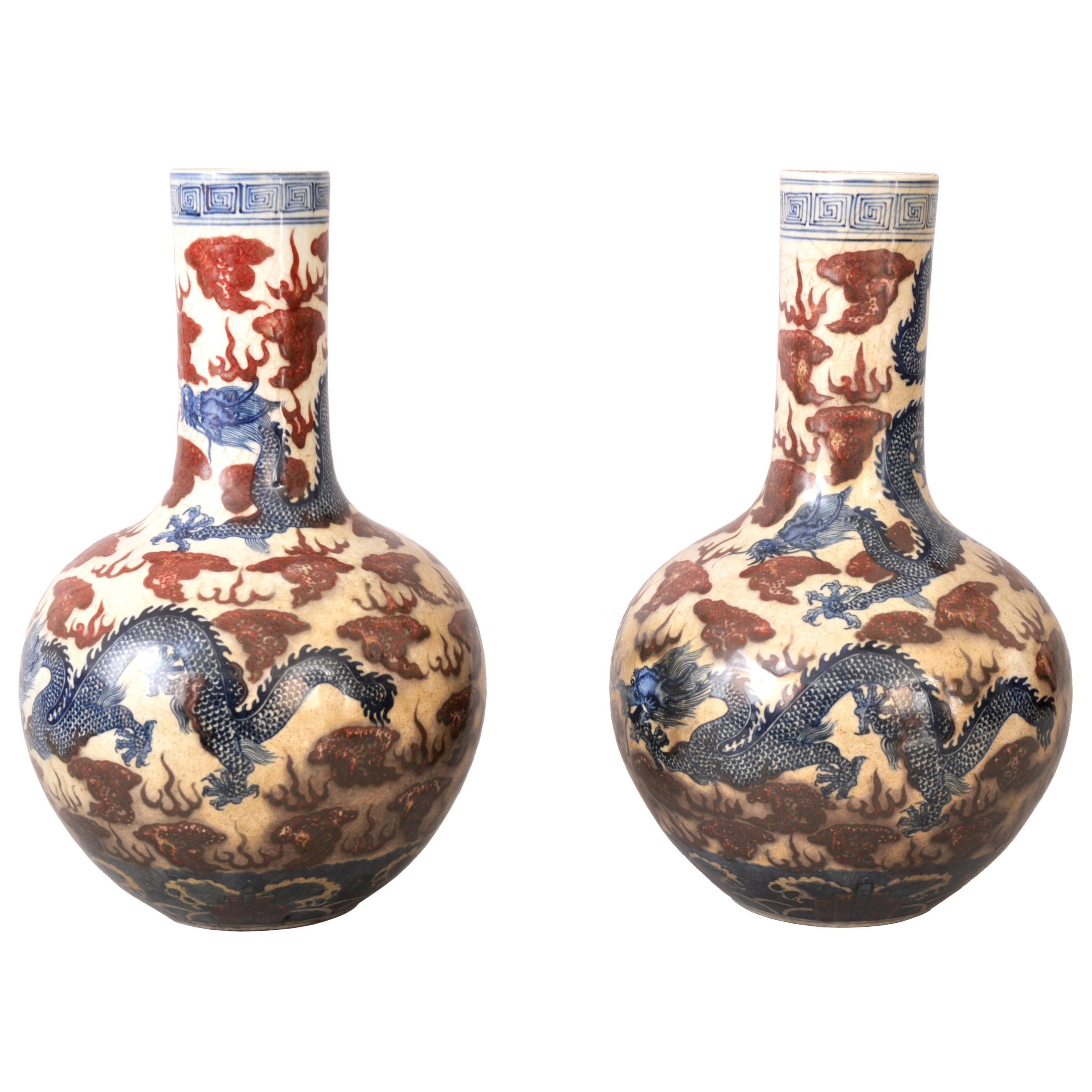 Hand-Painted Pair Large Antique Chinese Qing Dynasty Porcelain Blue & White Dragon Vases 1880