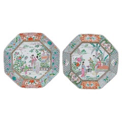 Pair Large Antique Chinese Style Qing Famille Rose Porcelain Chargers Plates
