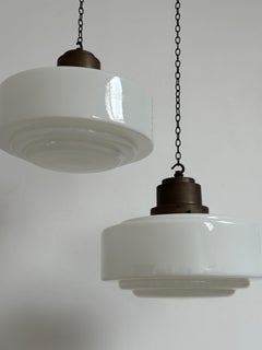 Pair Large Antique Church Stepped Opaline Milk Glass Ceiling Pendant Light Lamp