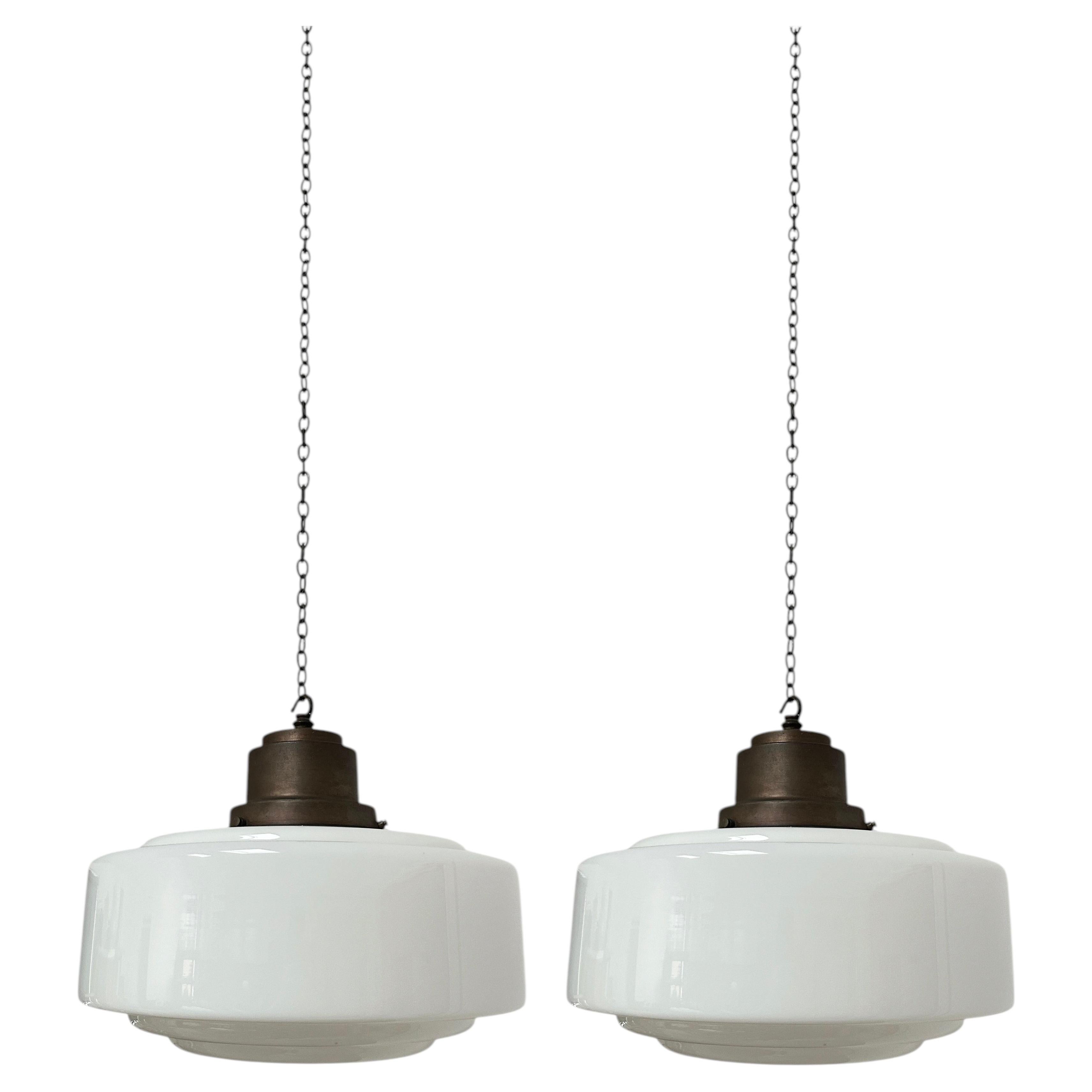 Pair Large Antique Church Stepped Opaline Milk Glass Ceiling Pendant Light Lamp For Sale