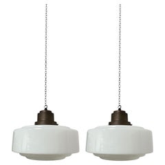 Pair Large Antique Church Stepped Opaline Milk Glass Ceiling Pendant Light Lamp