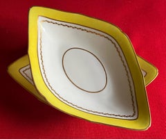 Pair Large Antique Early 19th c. Derby Porcelain Yellow Navette Shape Dishes